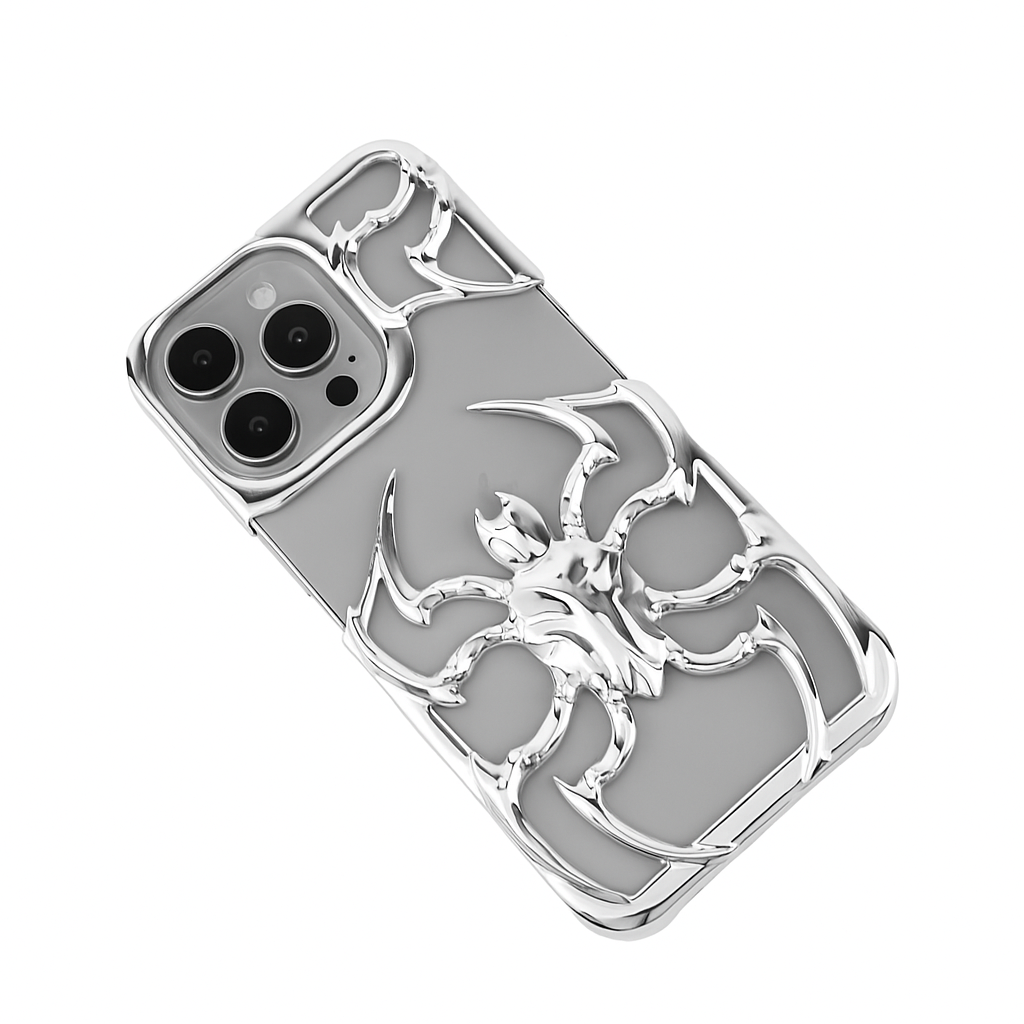 Futuristic silver spider iPhone case with bold 3D metallic spider design and sharp angular legs wrapping around a black base – perfect for edgy, cyber-inspired looks.