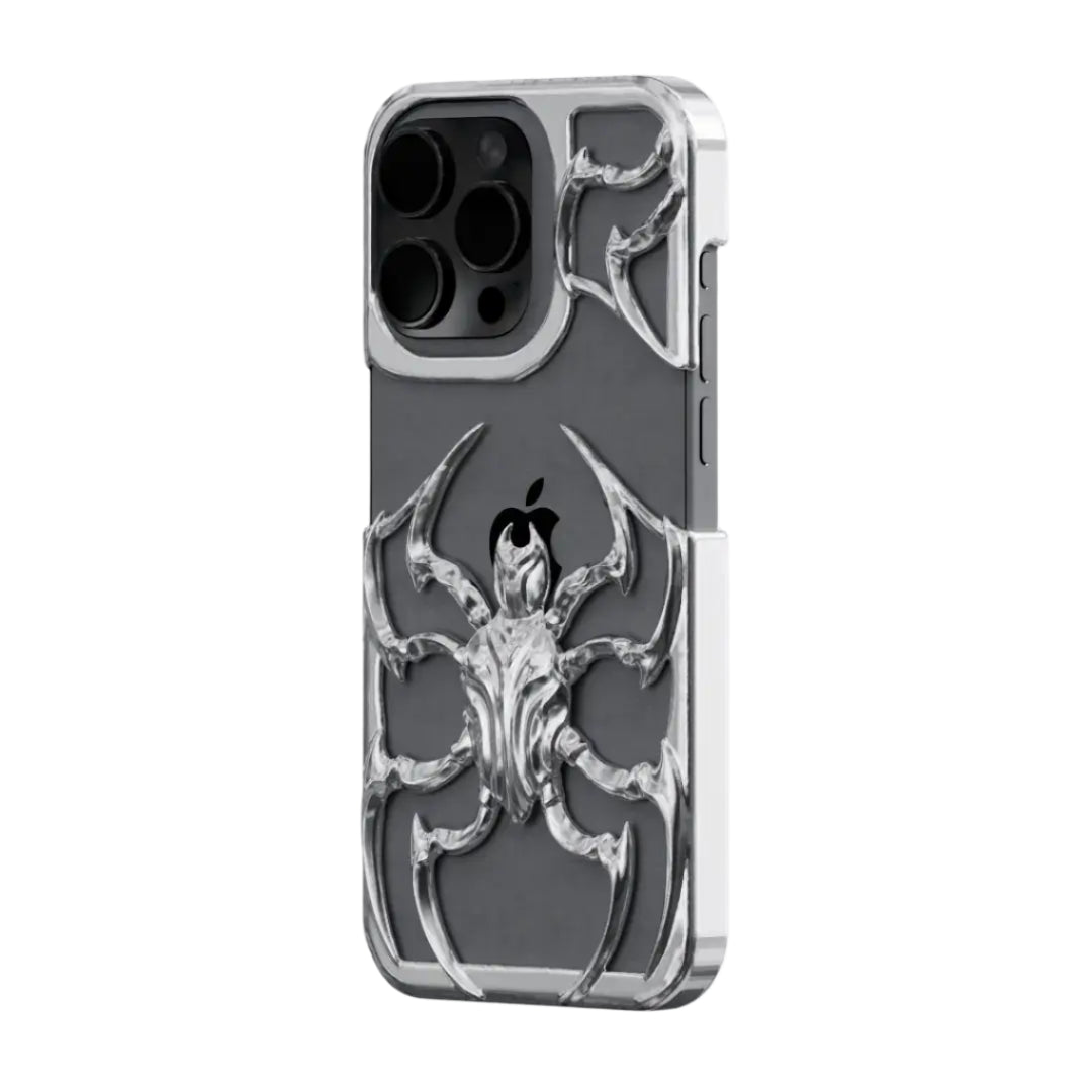 Futuristic silver spider iPhone case with bold 3D metallic spider design and sharp angular legs wrapping around a black base – perfect for edgy, cyber-inspired looks.