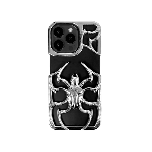Futuristic silver spider iPhone case with bold 3D metallic spider design and sharp angular legs wrapping around a black base – perfect for edgy, cyber-inspired looks.