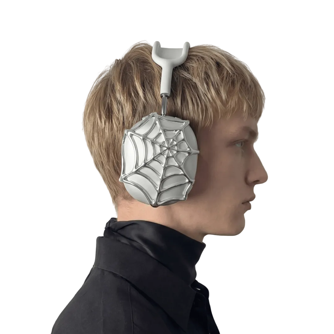 Intricate silver spider web design cover for AirPods Max, made from eco-friendly SLA material, gothic aesthetic tech accessory.