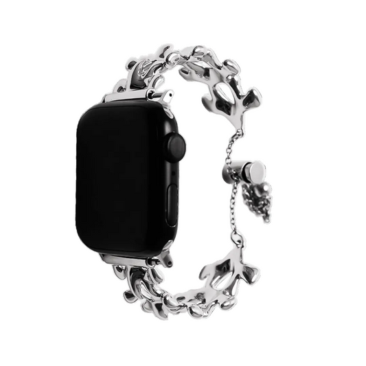 Smartwatch with a decorative silver chain strap on a black background