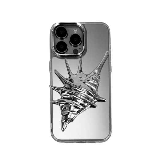 iPhone case featuring a dramatic metallic seashell sculpture with elongated, spiked ridges and pearlescent highlights.