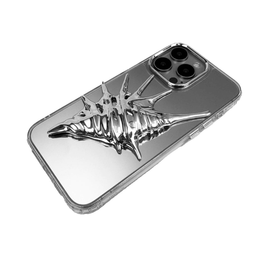 iPhone case featuring a dramatic metallic seashell sculpture with elongated, spiked ridges and pearlescent highlights.