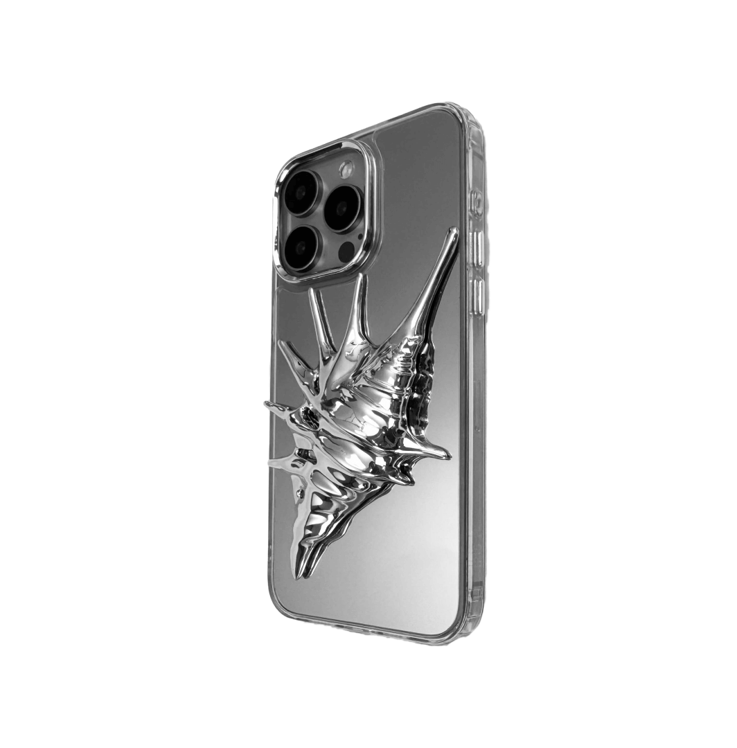 iPhone case featuring a dramatic metallic seashell sculpture with elongated, spiked ridges and pearlescent highlights.