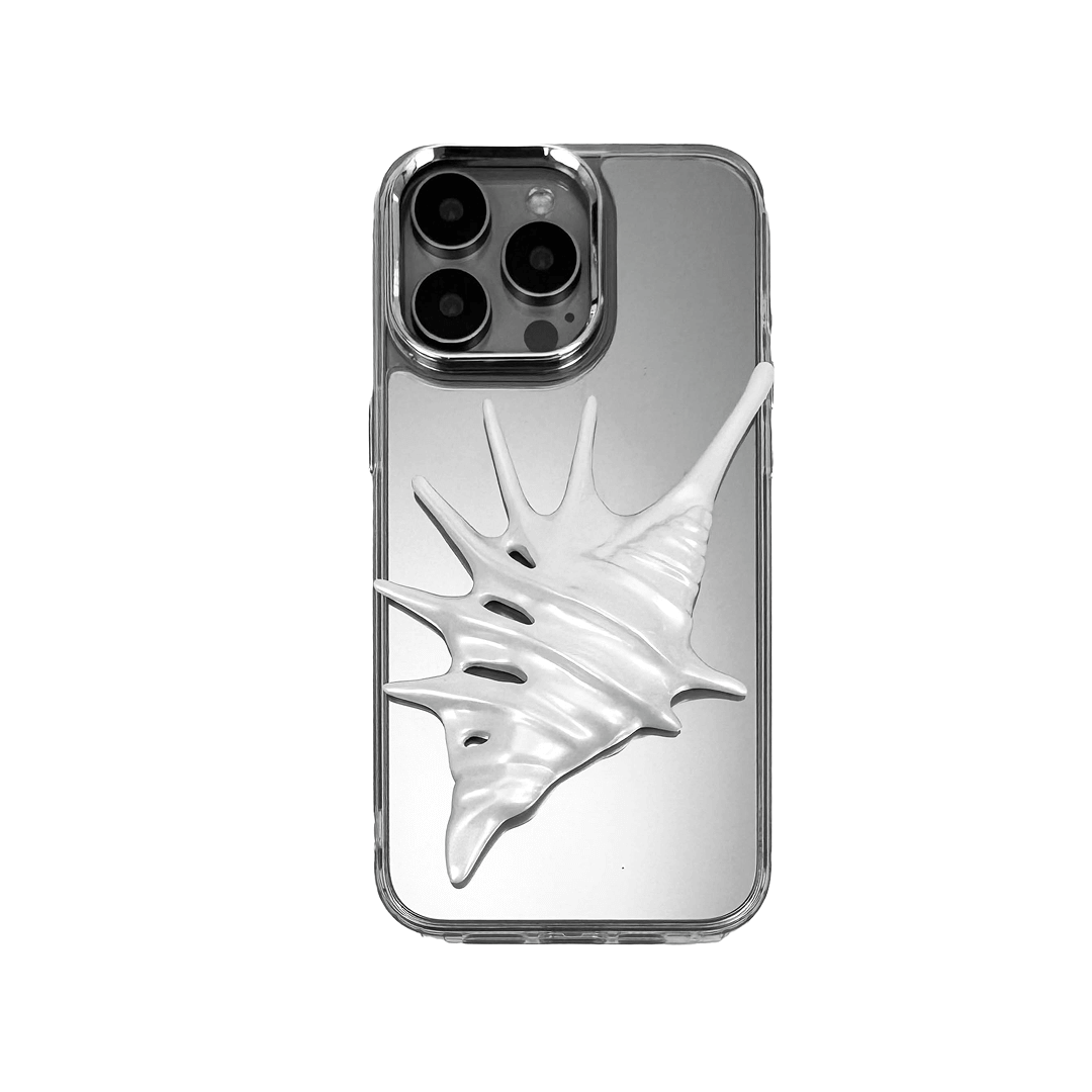 iPhone case featuring a dramatic metallic seashell sculpture with elongated, spiked ridges and pearlescent highlights.