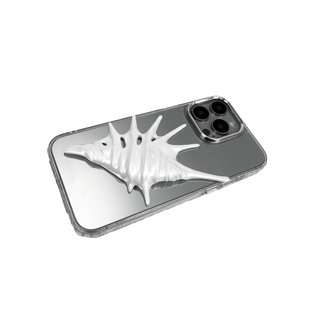 iPhone case featuring a dramatic metallic seashell sculpture with elongated, spiked ridges and pearlescent highlights.