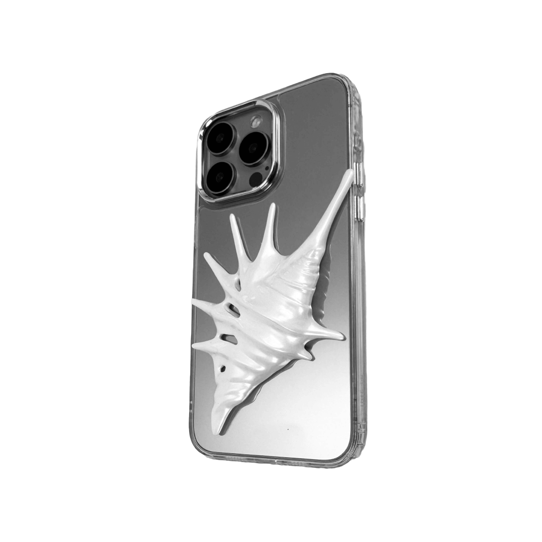 iPhone case featuring a dramatic metallic seashell sculpture with elongated, spiked ridges and pearlescent highlights.