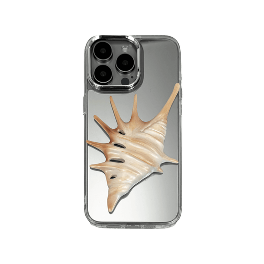 iPhone case featuring a dramatic metallic seashell sculpture with elongated, spiked ridges and pearlescent highlights.