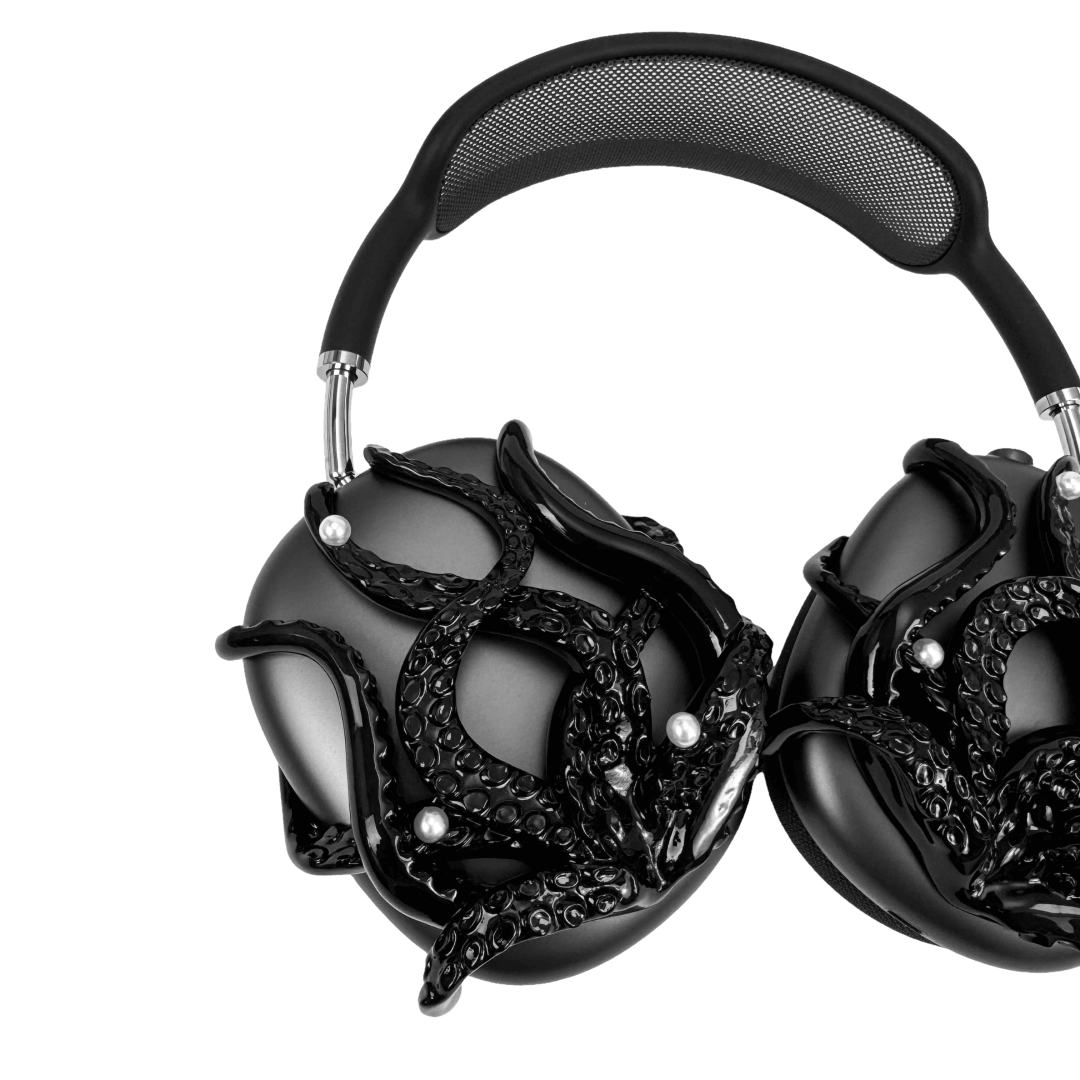 Headphone accessory with intricate octopus tentacle design, featuring curling limbs and realistic suction cup textures, available in silver and black finishes.