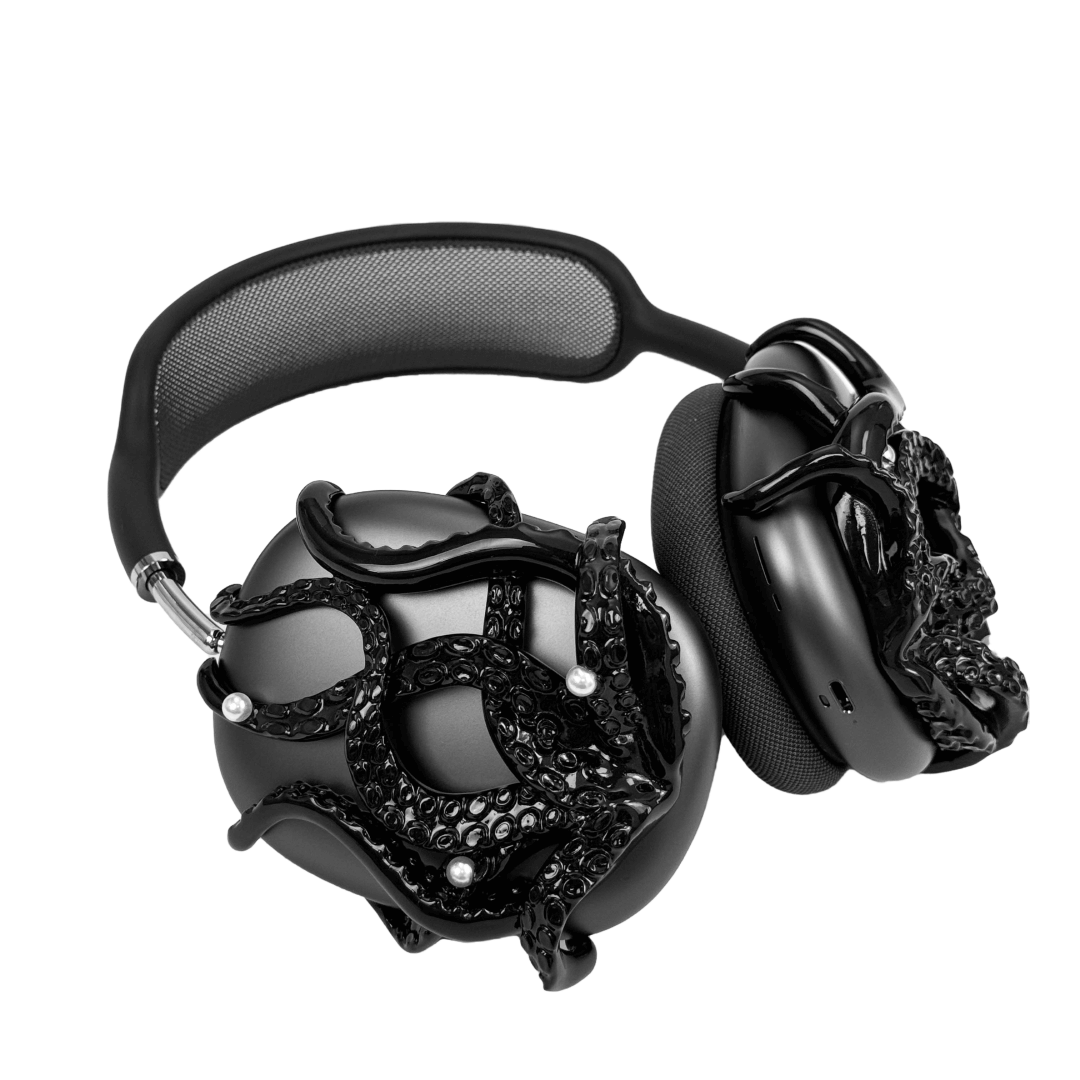 Headphone accessory with intricate octopus tentacle design, featuring curling limbs and realistic suction cup textures, available in silver and black finishes.