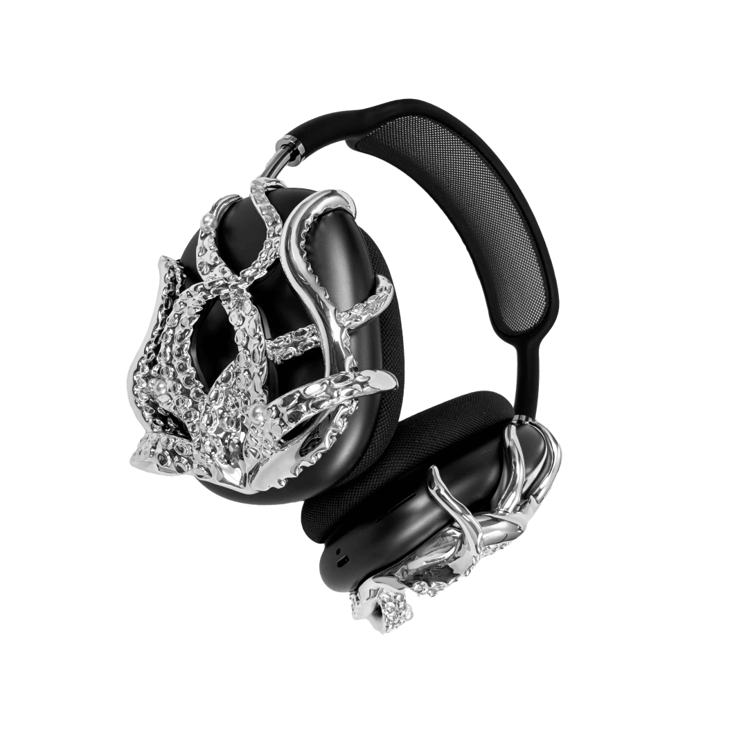Headphone accessory with intricate octopus tentacle design, featuring curling limbs and realistic suction cup textures, available in silver and black finishes.