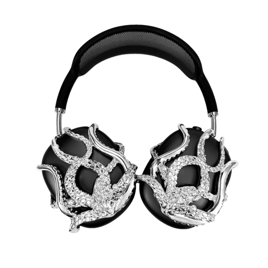 Headphone accessory with intricate octopus tentacle design, featuring curling limbs and realistic suction cup textures, available in silver and black finishes.