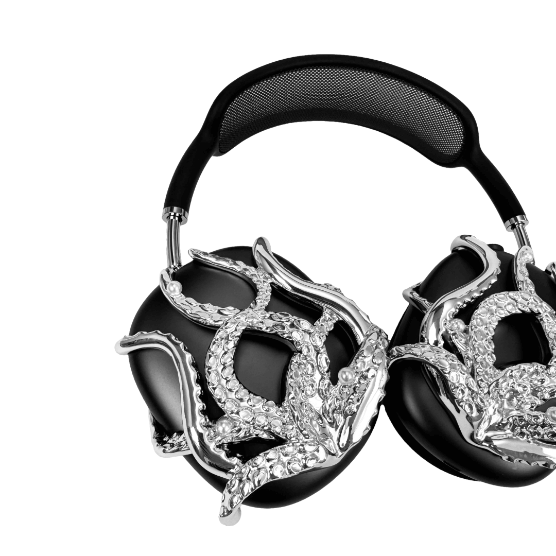 Headphone accessory with intricate octopus tentacle design, featuring curling limbs and realistic suction cup textures, available in silver and black finishes.