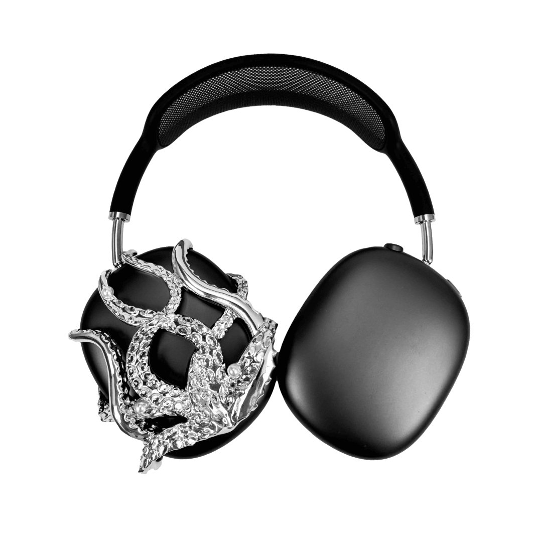 Headphone accessory with intricate octopus tentacle design, featuring curling limbs and realistic suction cup textures, available in silver and black finishes.