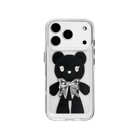A transparent iPhone case featuring three different standing black bear illustrations, each wearing a silver or metallic grey bow tie. The bears are positioned in varied vertical poses.