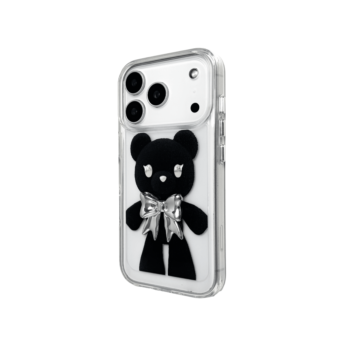 A transparent iPhone case featuring three different standing black bear illustrations, each wearing a silver or metallic grey bow tie. The bears are positioned in varied vertical poses.