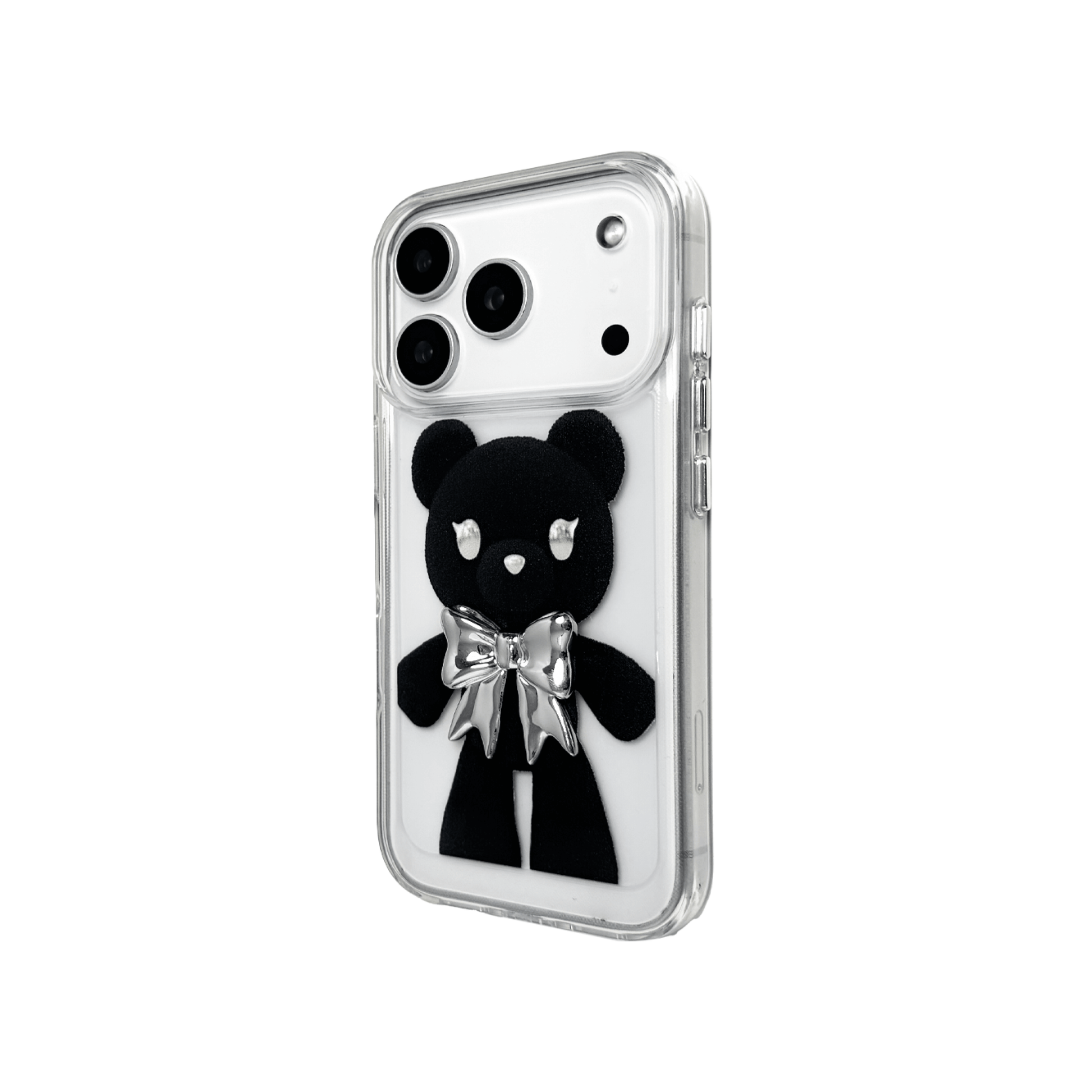 A transparent iPhone case featuring three different standing black bear illustrations, each wearing a silver or metallic grey bow tie. The bears are positioned in varied vertical poses.