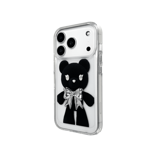 A transparent iPhone case featuring three different standing black bear illustrations, each wearing a silver or metallic grey bow tie. The bears are positioned in varied vertical poses.