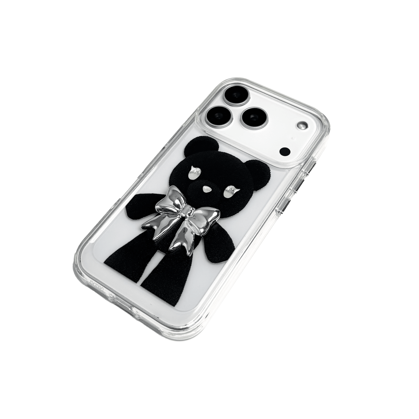 A transparent iPhone case featuring three different standing black bear illustrations, each wearing a silver or metallic grey bow tie. The bears are positioned in varied vertical poses.