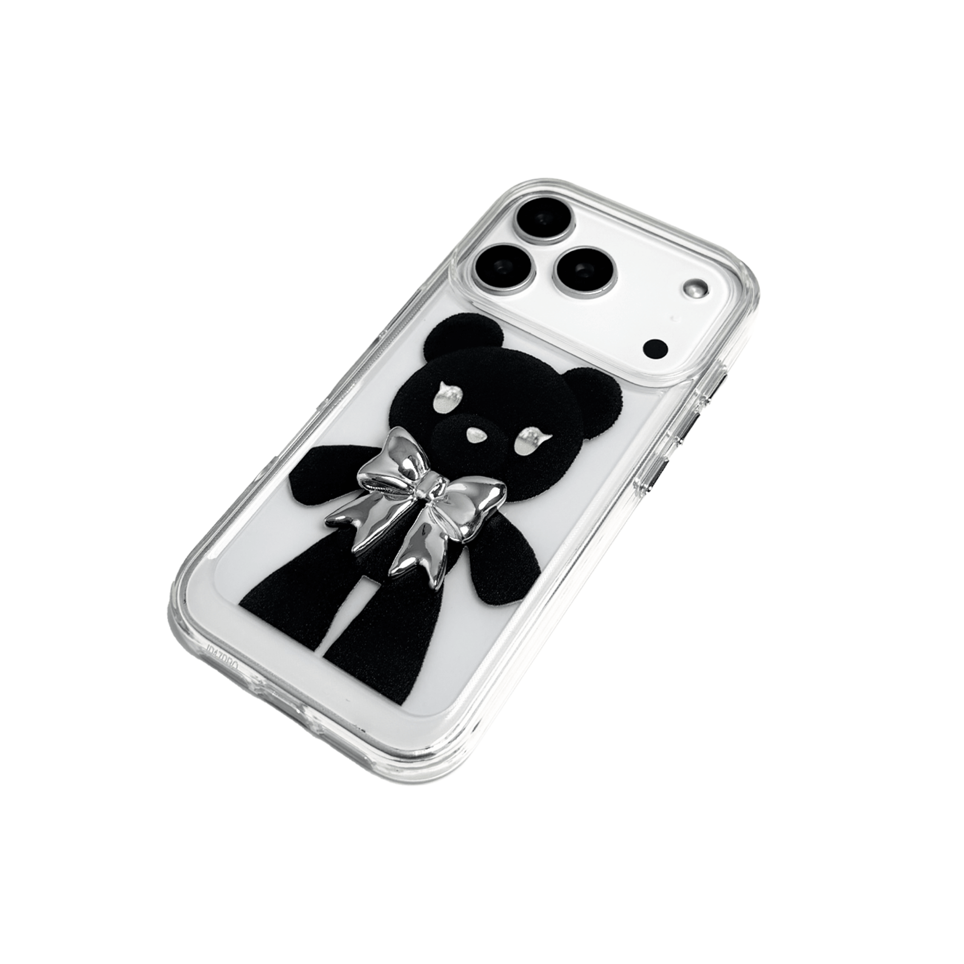 A transparent iPhone case featuring three different standing black bear illustrations, each wearing a silver or metallic grey bow tie. The bears are positioned in varied vertical poses.