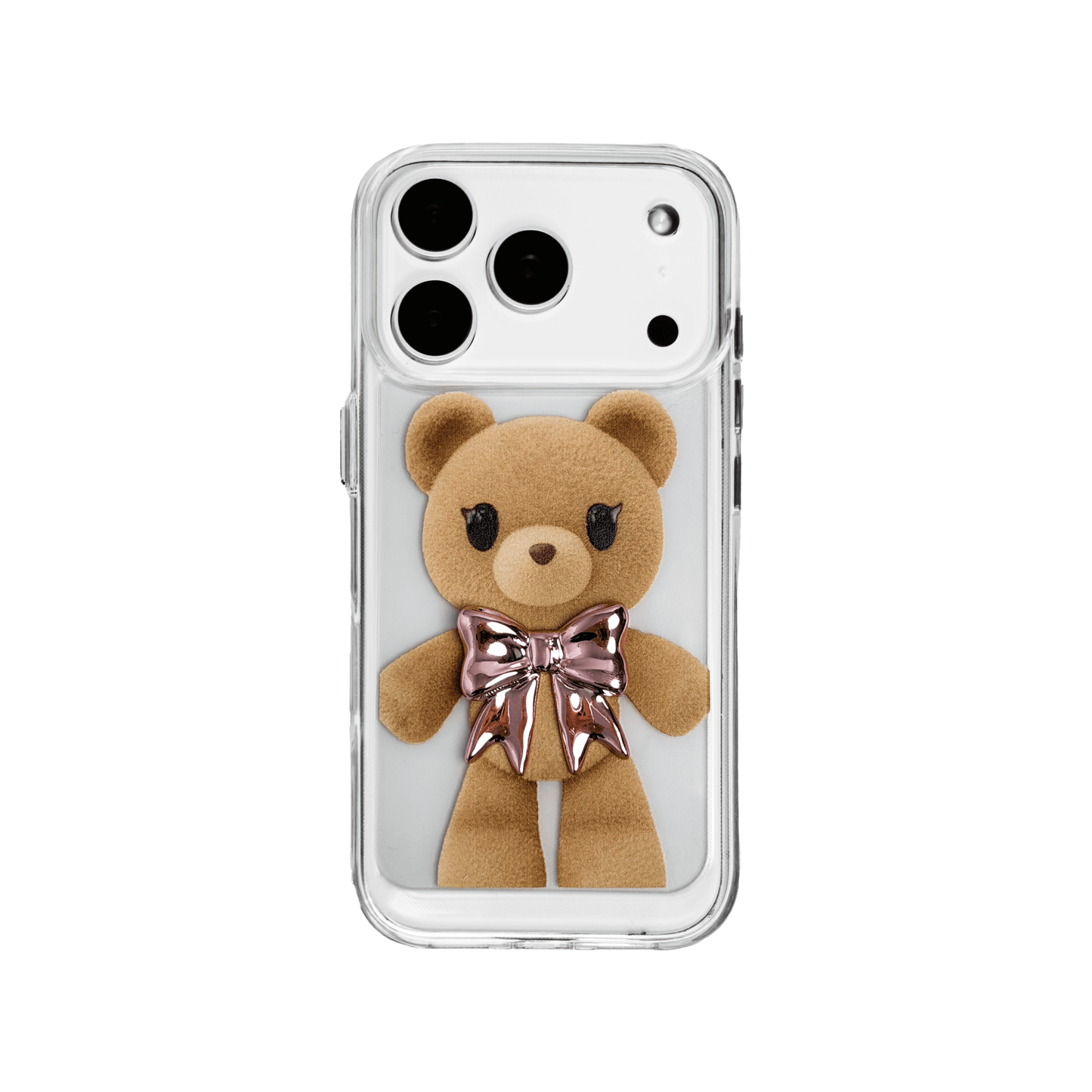 A clear iPhone case featuring an illustration of a standing brown teddy bear wearing a pink metallic bow tie. The case is transparent, allowing the phone's color to show through.