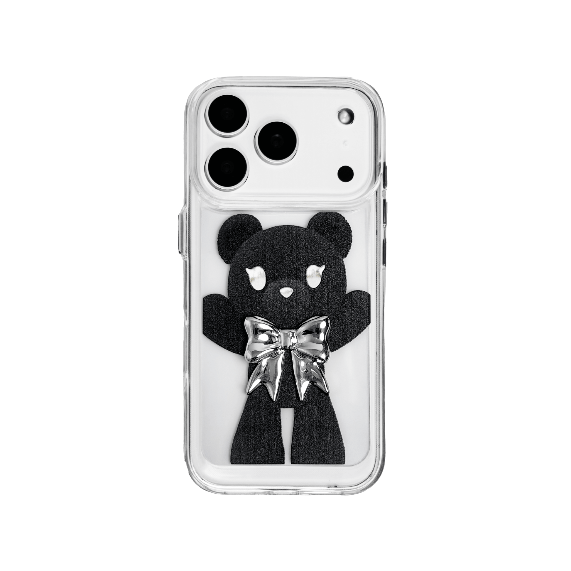 A transparent iPhone case featuring three different standing black bear illustrations, each wearing a silver or metallic grey bow tie. The bears are positioned in varied vertical poses.