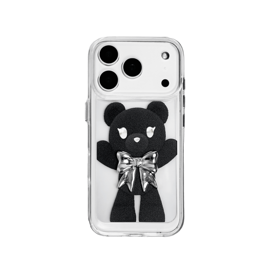 A transparent iPhone case featuring three different standing black bear illustrations, each wearing a silver or metallic grey bow tie. The bears are positioned in varied vertical poses.