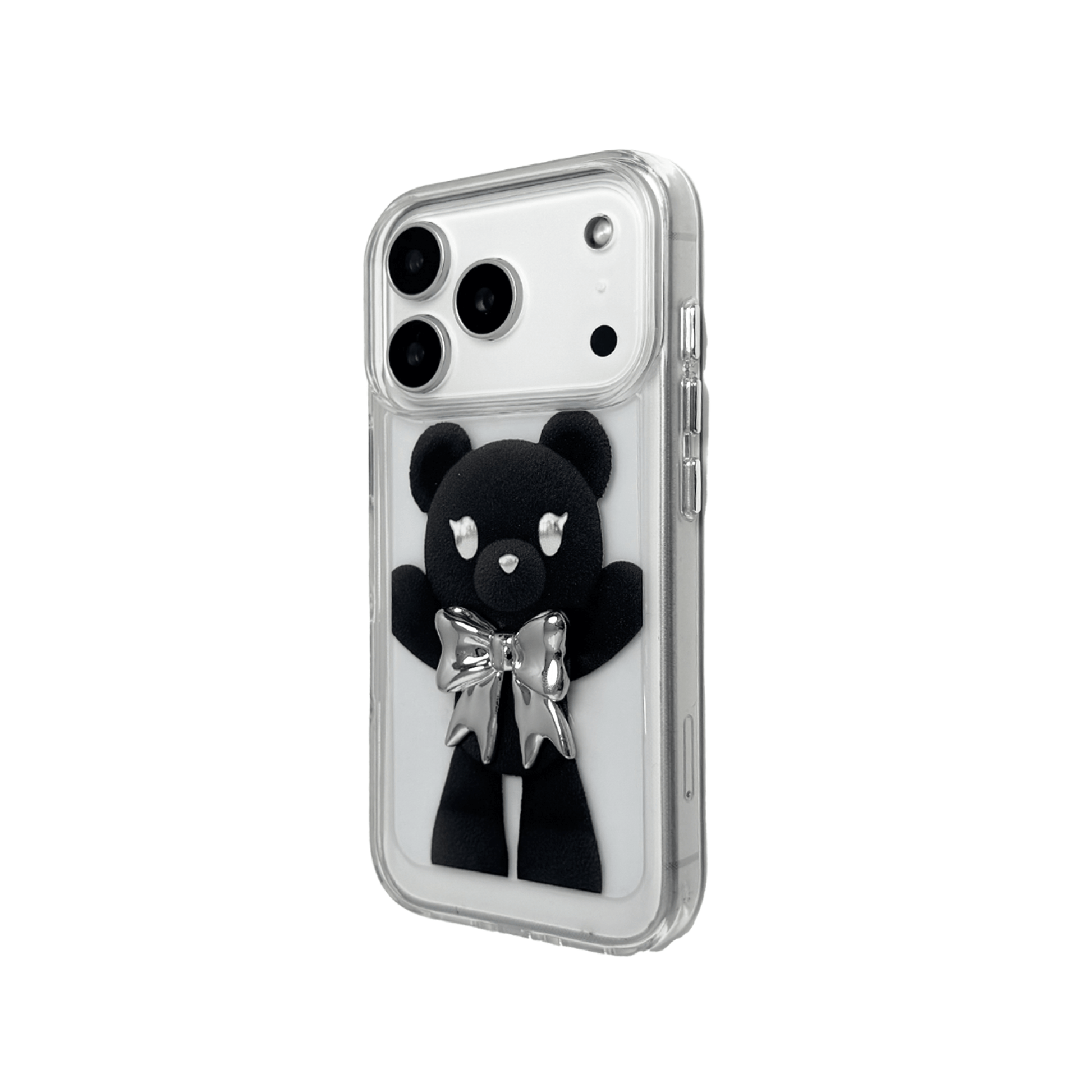 A transparent iPhone case featuring three different standing black bear illustrations, each wearing a silver or metallic grey bow tie. The bears are positioned in varied vertical poses.