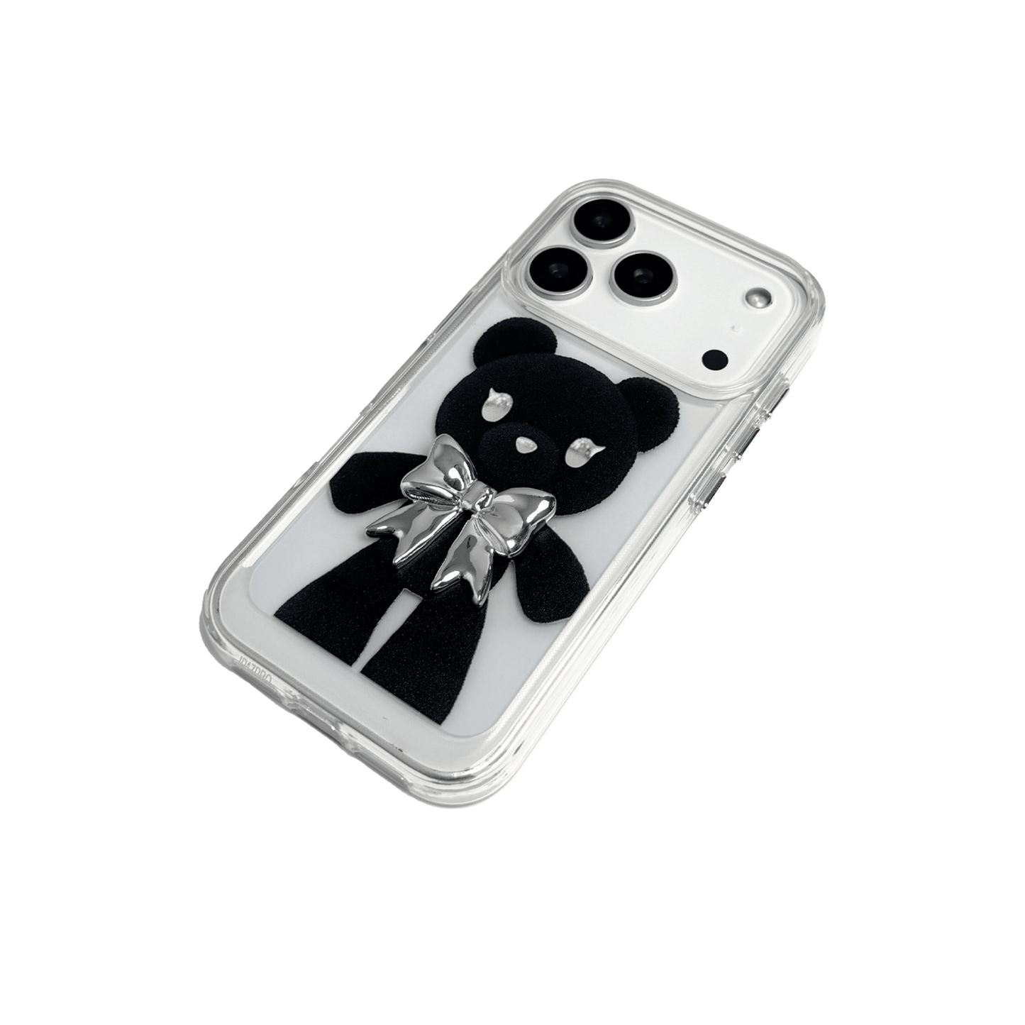 A transparent iPhone case featuring three different standing black bear illustrations, each wearing a silver or metallic grey bow tie. The bears are positioned in varied vertical poses.