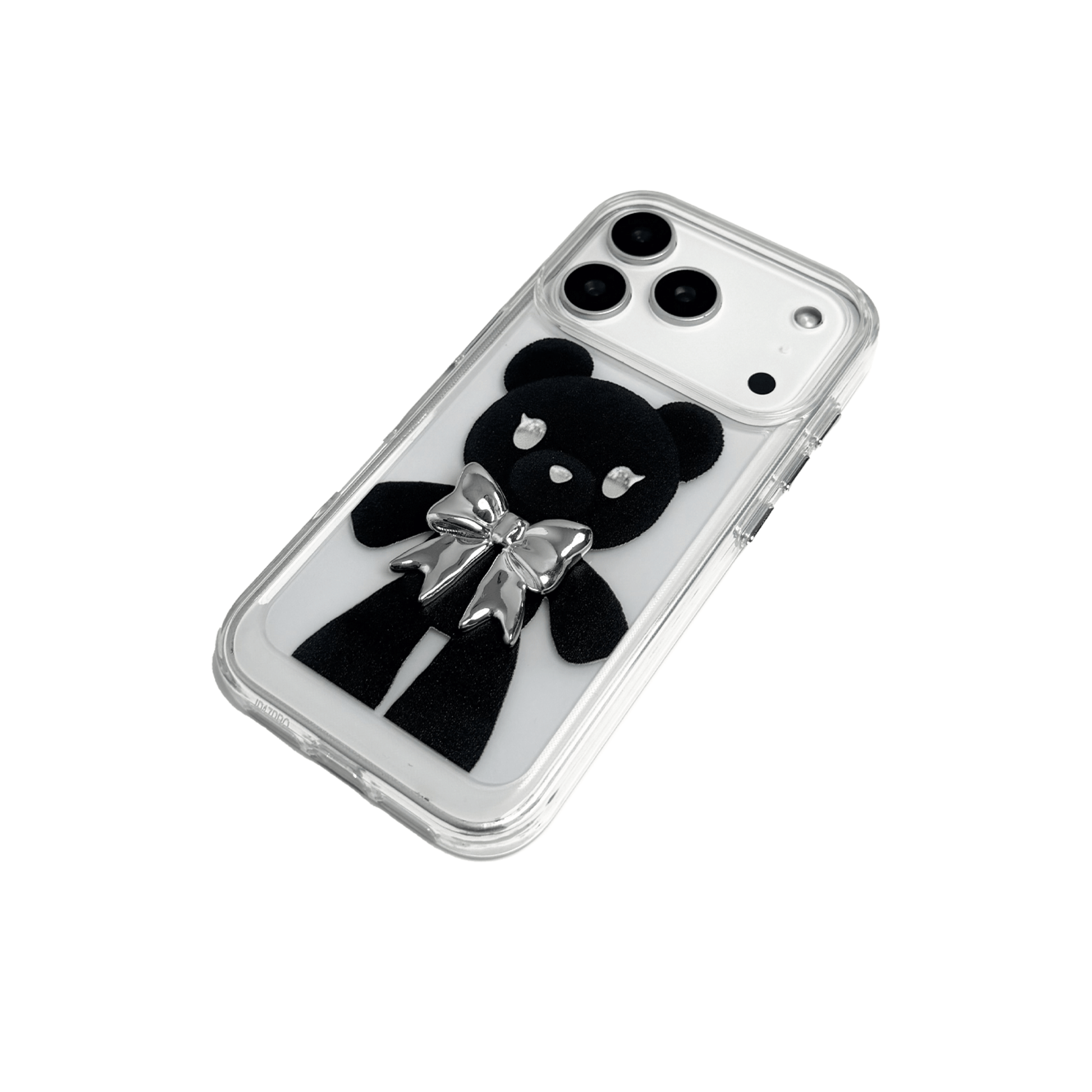 A transparent iPhone case featuring three different standing black bear illustrations, each wearing a silver or metallic grey bow tie. The bears are positioned in varied vertical poses.