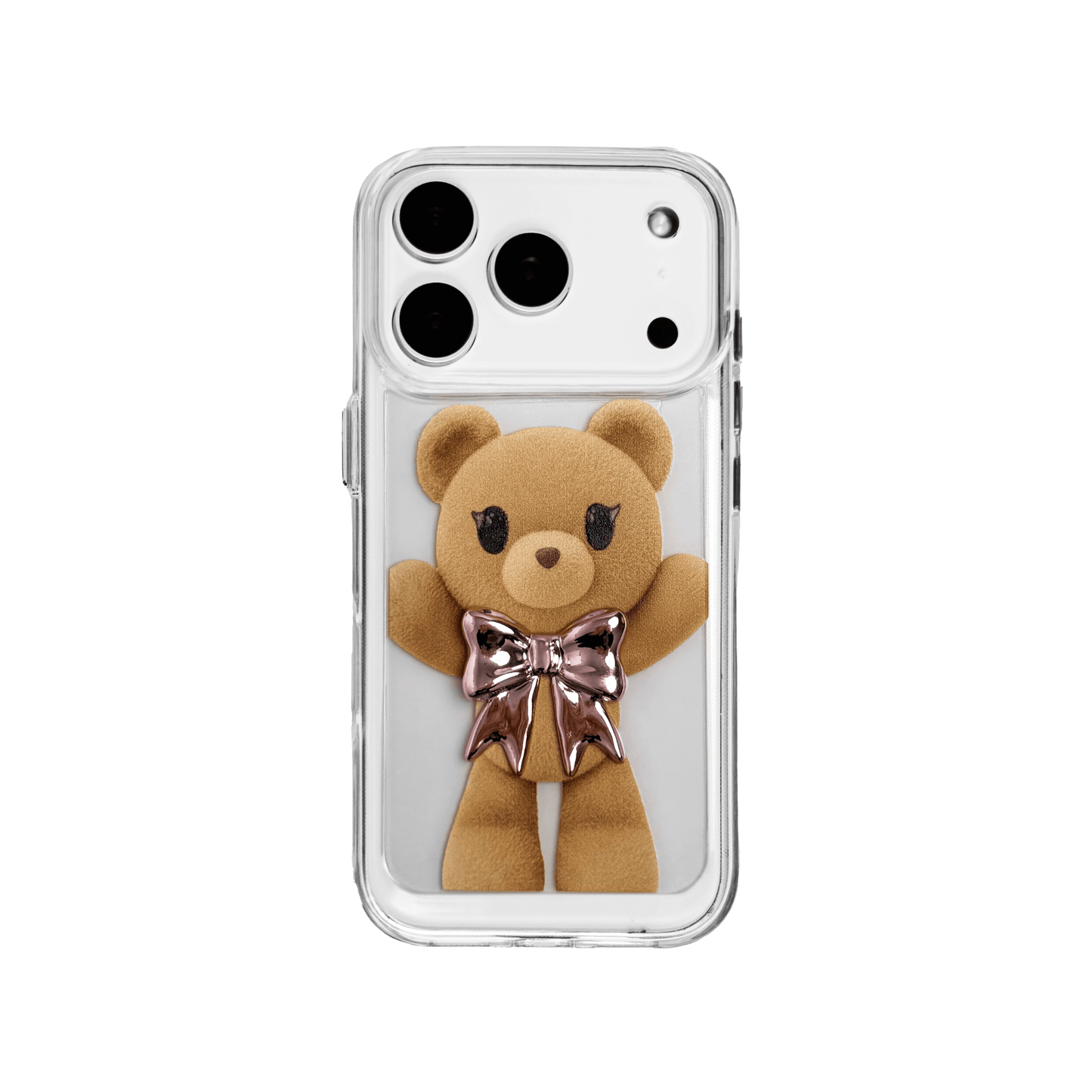 A clear iPhone case featuring an illustration of a standing brown teddy bear wearing a pink metallic bow tie. The case is transparent, allowing the phone's color to show through.