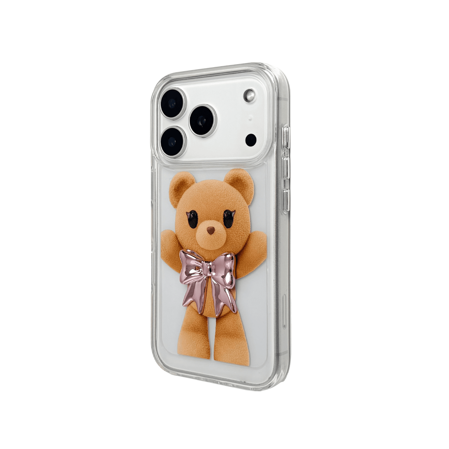 A clear iPhone case featuring an illustration of a standing brown teddy bear wearing a pink metallic bow tie. The case is transparent, allowing the phone's color to show through.
