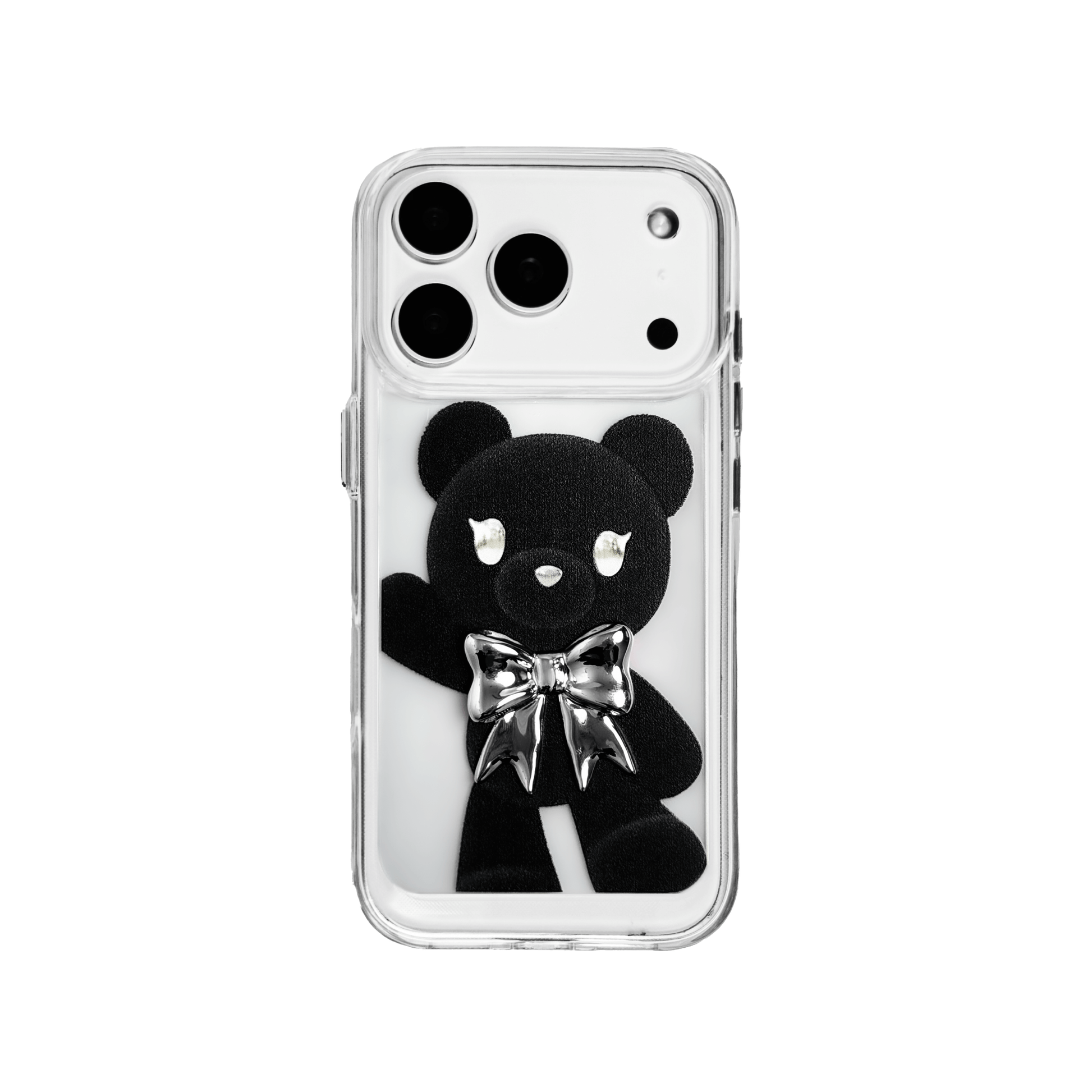 A transparent iPhone case featuring three different standing black bear illustrations, each wearing a silver or metallic grey bow tie. The bears are positioned in varied vertical poses.