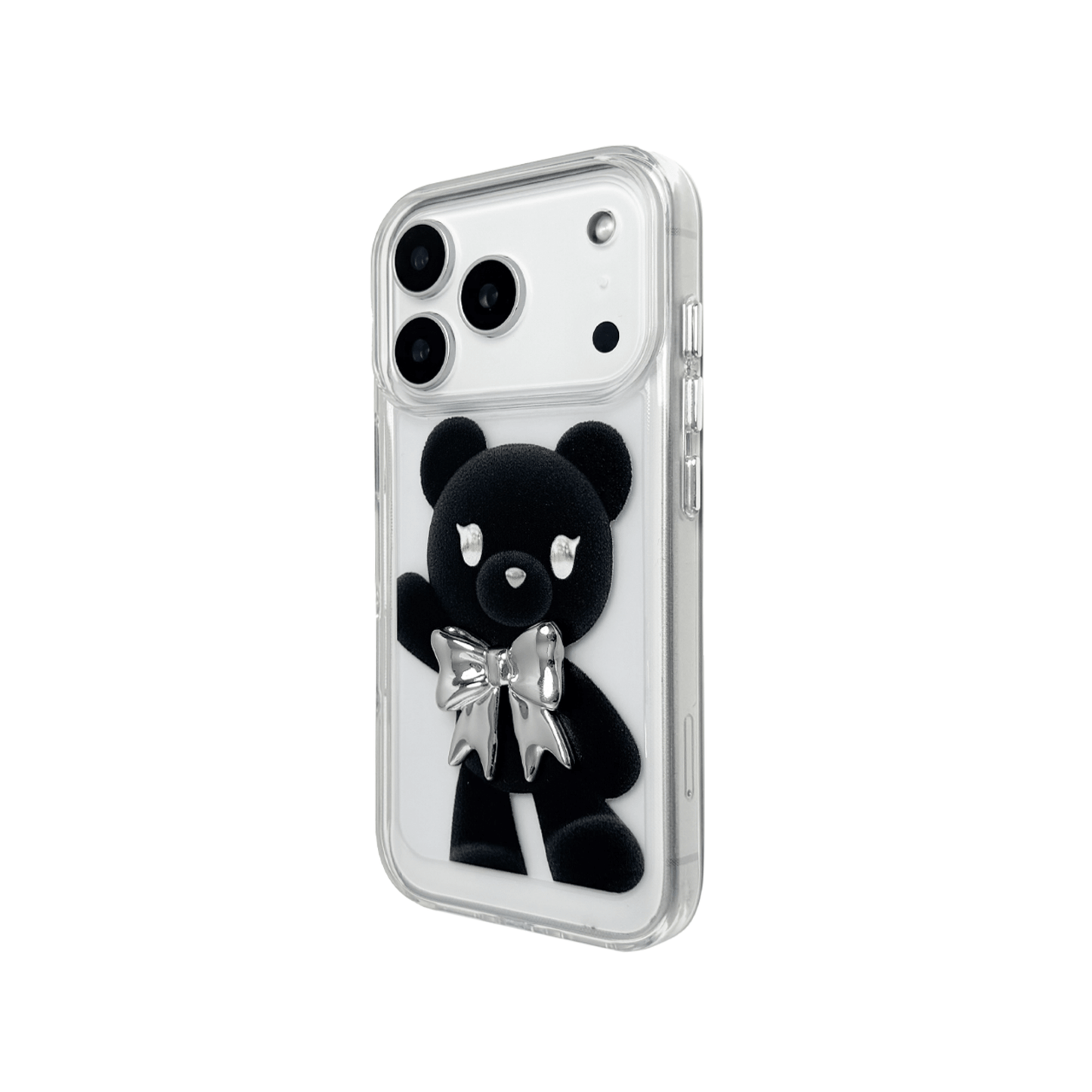 A transparent iPhone case featuring three different standing black bear illustrations, each wearing a silver or metallic grey bow tie. The bears are positioned in varied vertical poses.