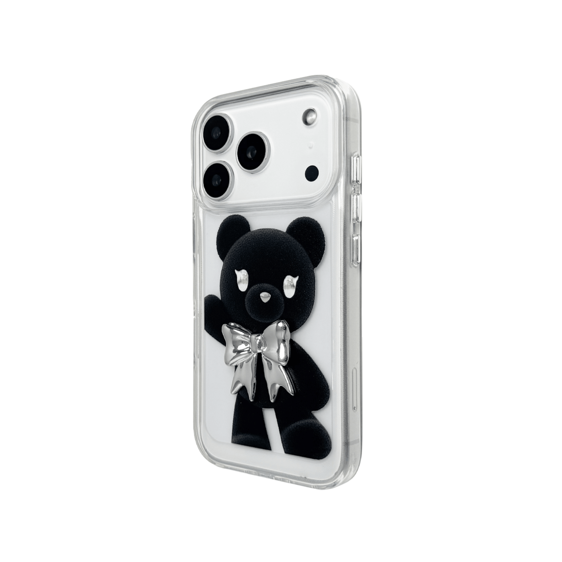 A transparent iPhone case featuring three different standing black bear illustrations, each wearing a silver or metallic grey bow tie. The bears are positioned in varied vertical poses.