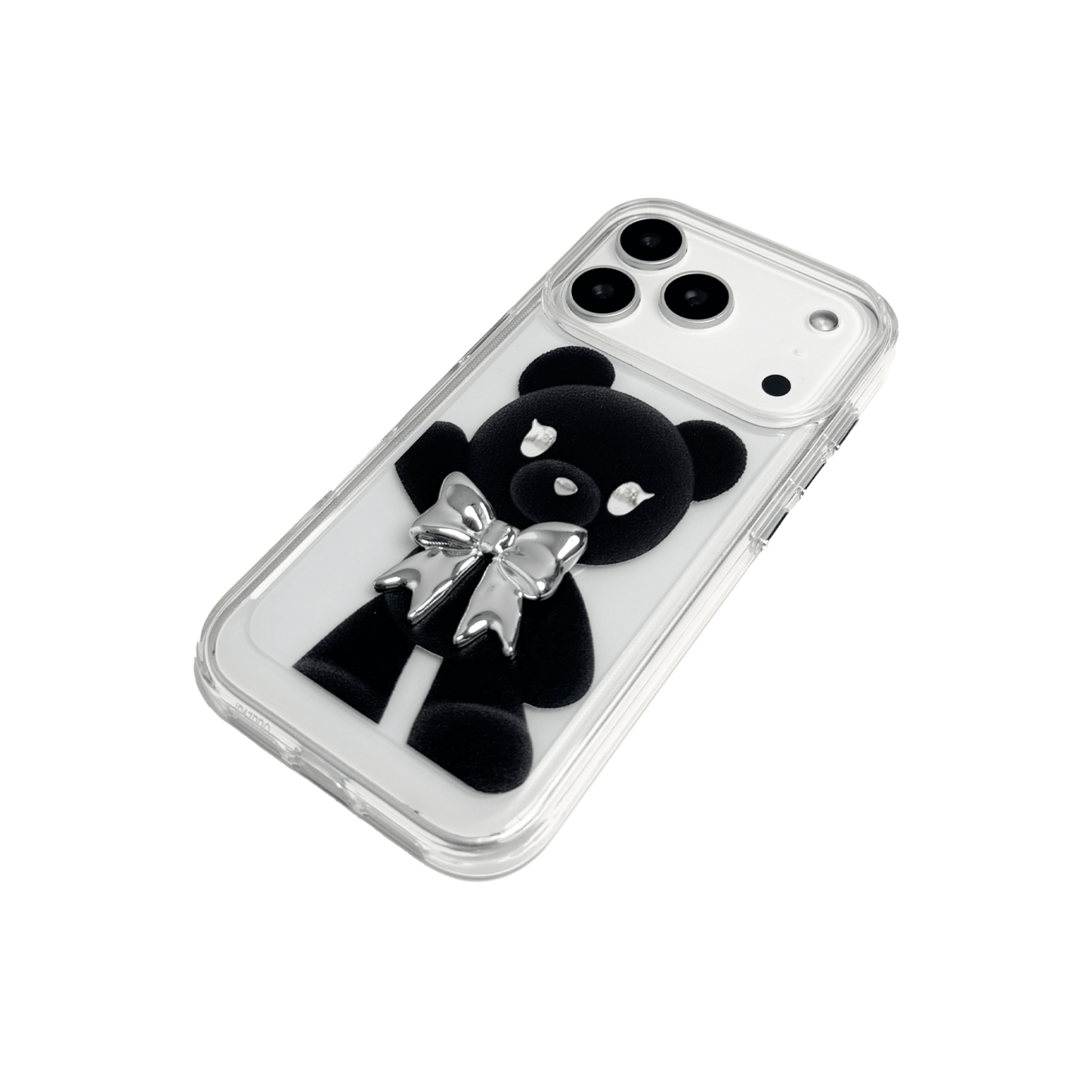 A transparent iPhone case featuring three different standing black bear illustrations, each wearing a silver or metallic grey bow tie. The bears are positioned in varied vertical poses.