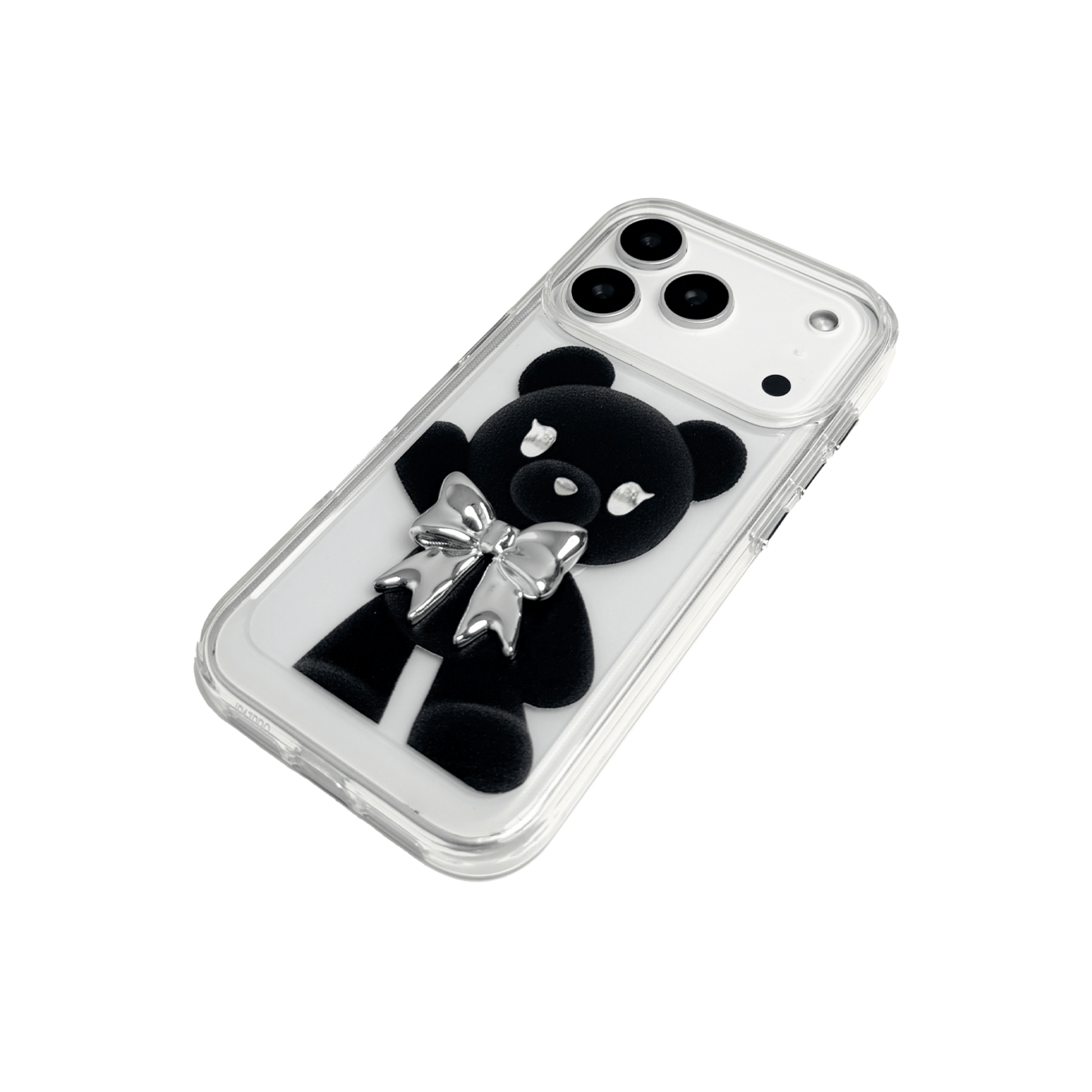 A transparent iPhone case featuring three different standing black bear illustrations, each wearing a silver or metallic grey bow tie. The bears are positioned in varied vertical poses.