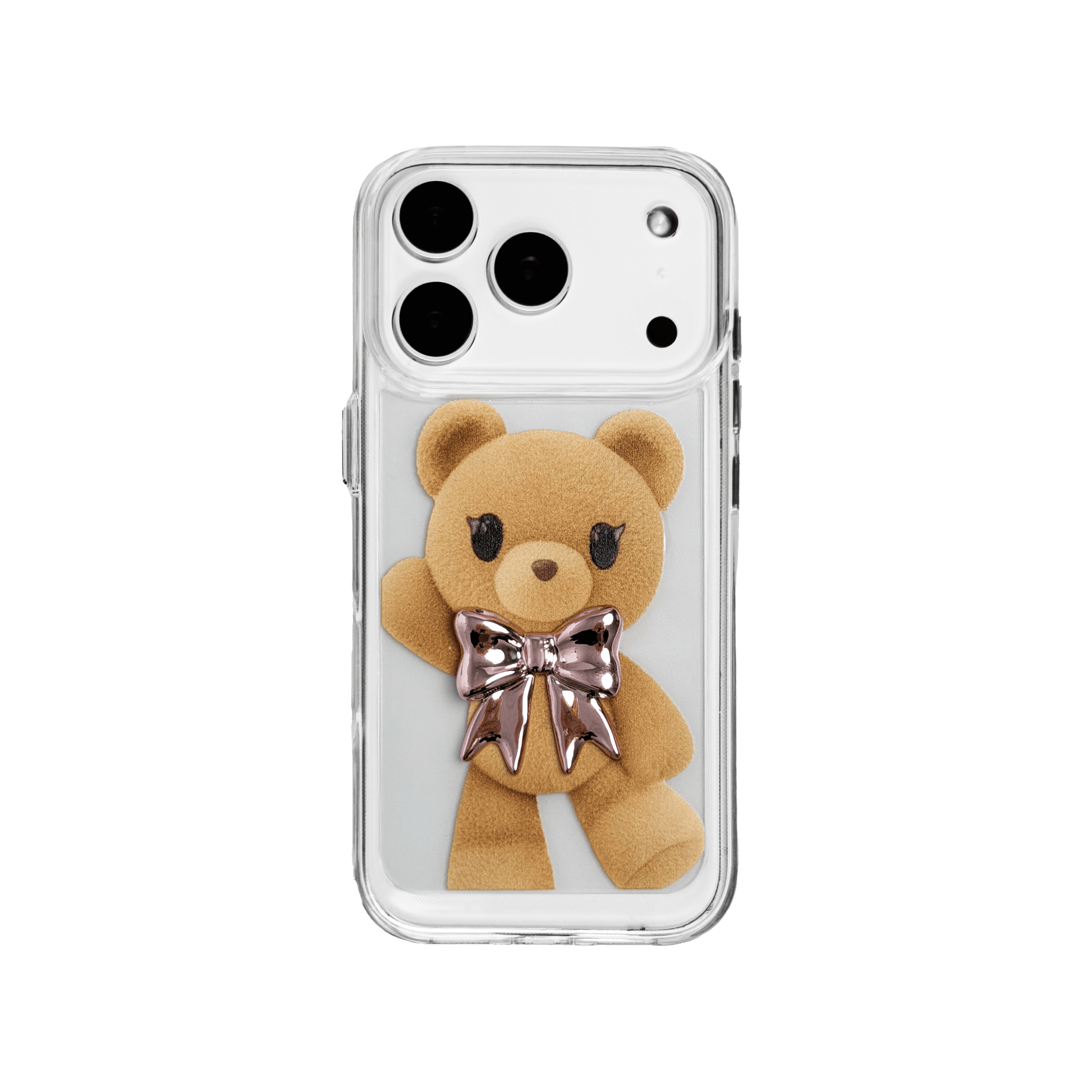 A clear iPhone case featuring an illustration of a standing brown teddy bear wearing a pink metallic bow tie. The case is transparent, allowing the phone's color to show through.