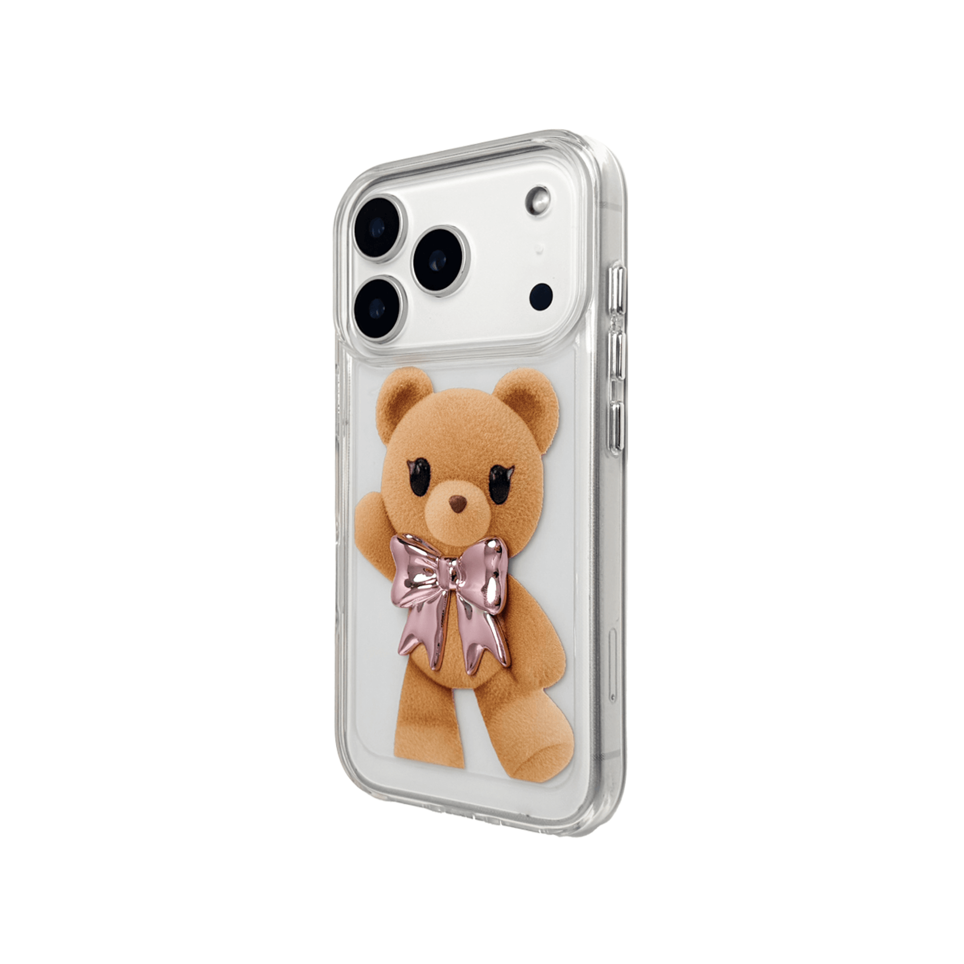 A clear iPhone case featuring an illustration of a standing brown teddy bear wearing a pink metallic bow tie. The case is transparent, allowing the phone's color to show through.