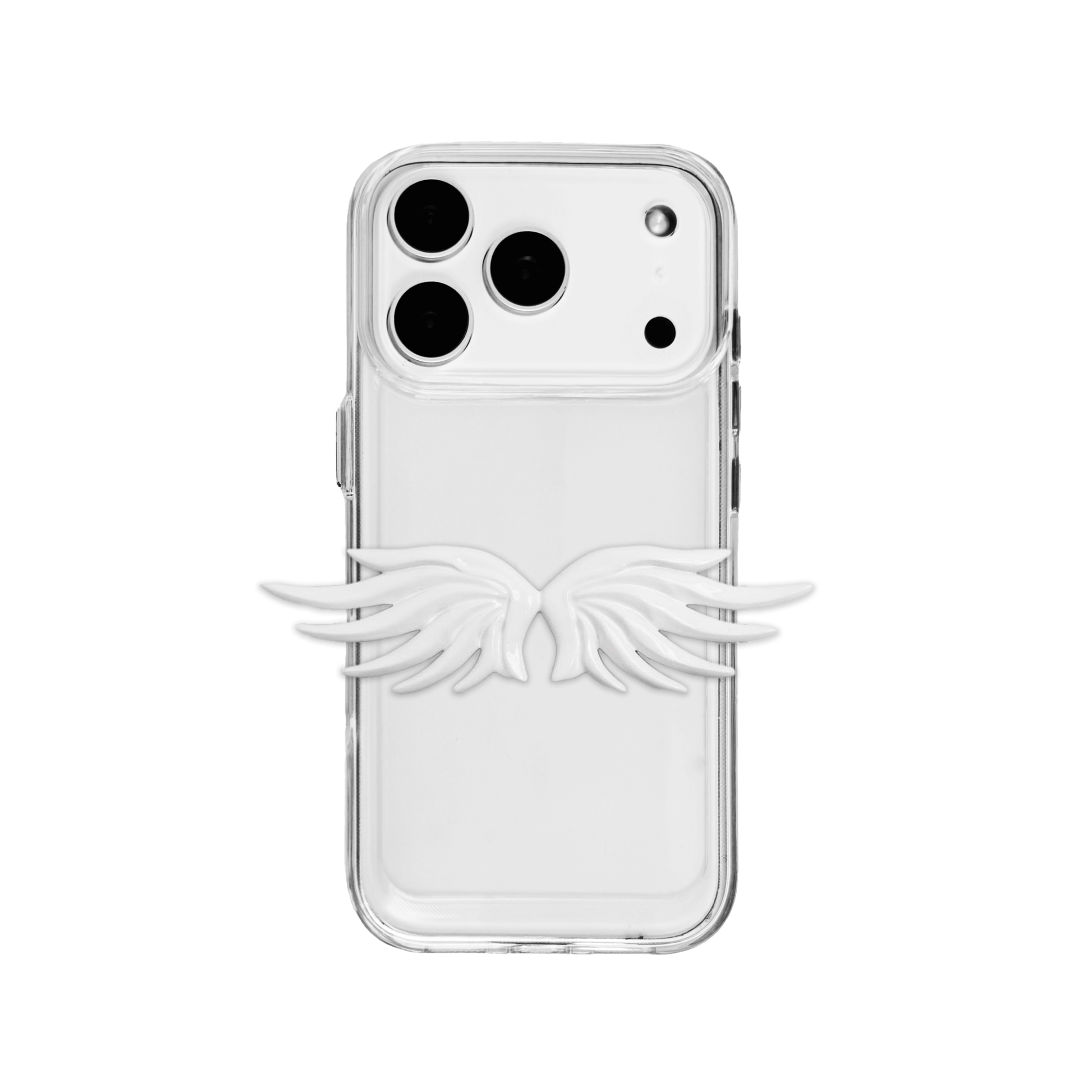 The Tiny Angel Wings iPhone Case featuring a pair of small, symmetrical 3D sculpted white wings on the lower portion of the case. Available in two base options: Crystal Clear (Transparent) and White Lychee Leather.
