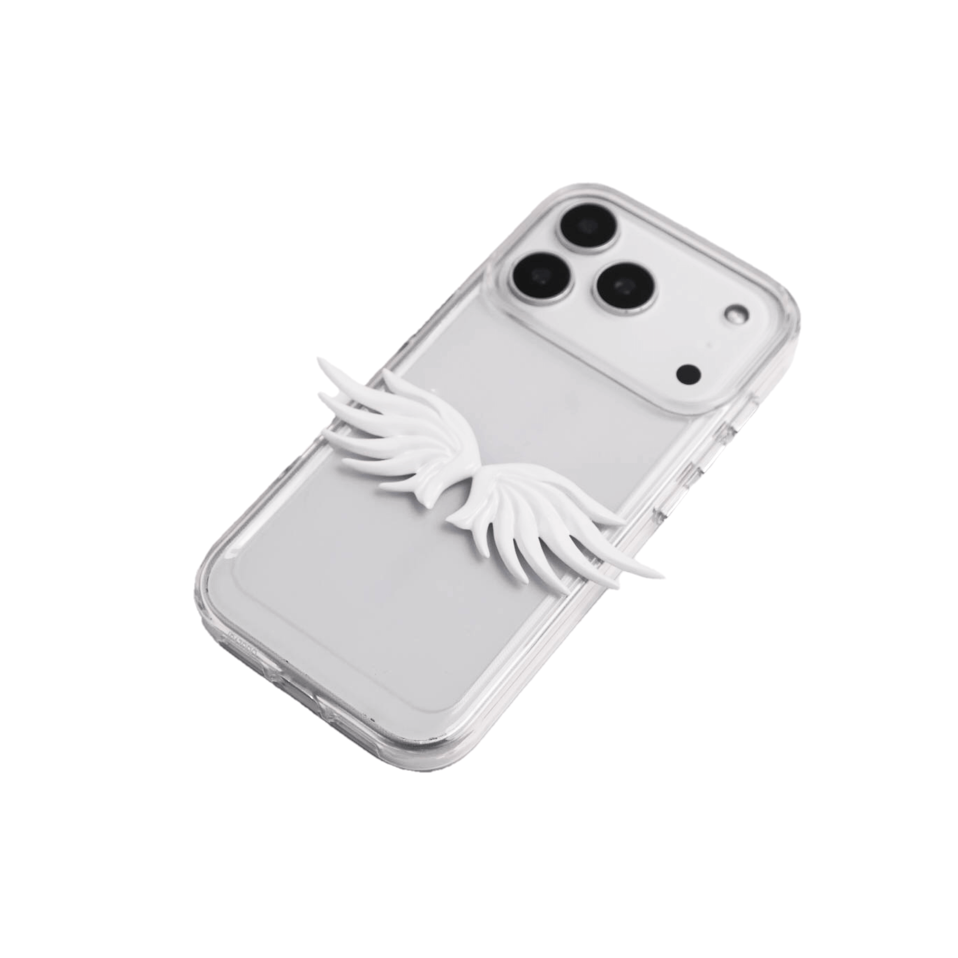 The Tiny Angel Wings iPhone Case featuring a pair of small, symmetrical 3D sculpted white wings on the lower portion of the case. Available in two base options: Crystal Clear (Transparent) and White Lychee Leather.