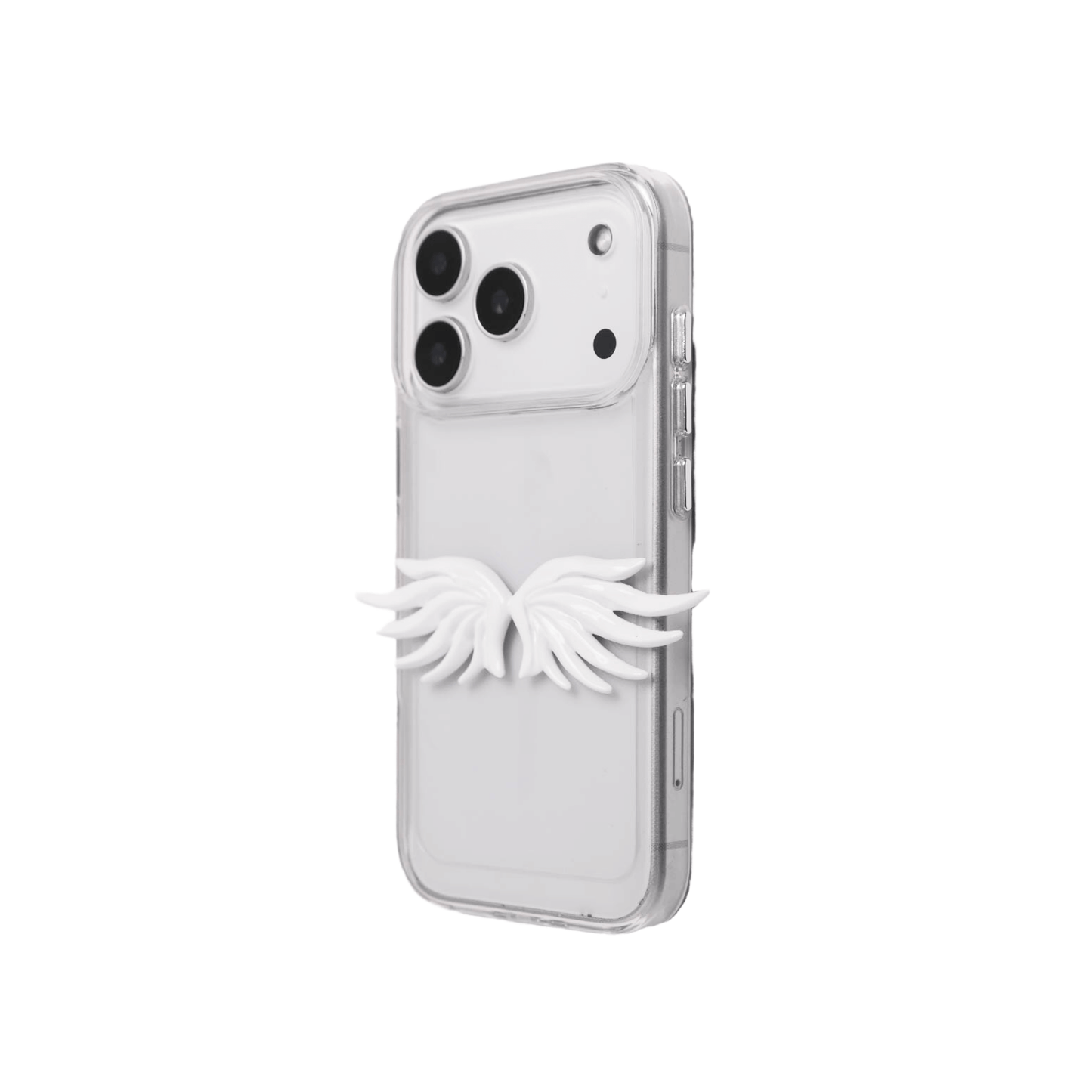 The Tiny Angel Wings iPhone Case featuring a pair of small, symmetrical 3D sculpted white wings on the lower portion of the case. Available in two base options: Crystal Clear (Transparent) and White Lychee Leather.