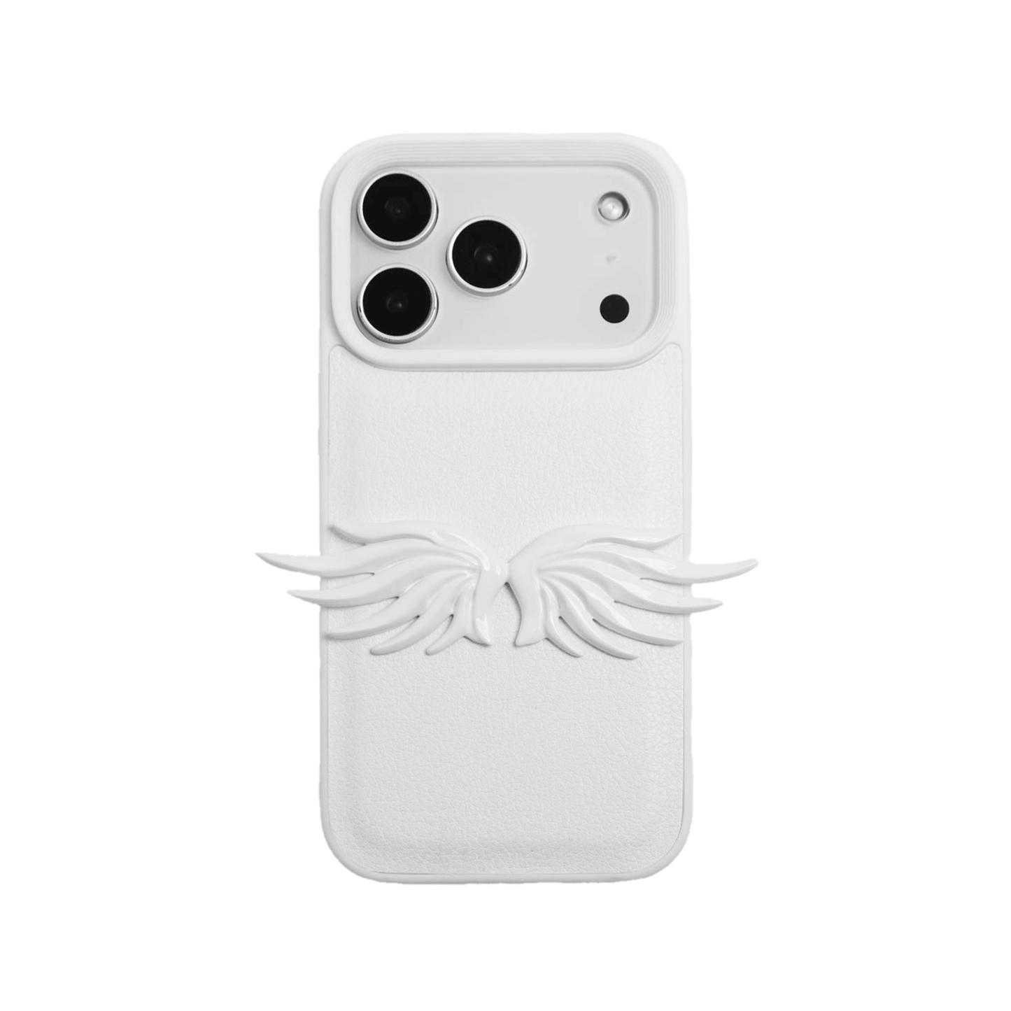 The Tiny Angel Wings iPhone Case featuring a pair of small, symmetrical 3D sculpted white wings on the lower portion of the case. Available in two base options: Crystal Clear (Transparent) and White Lychee Leather.