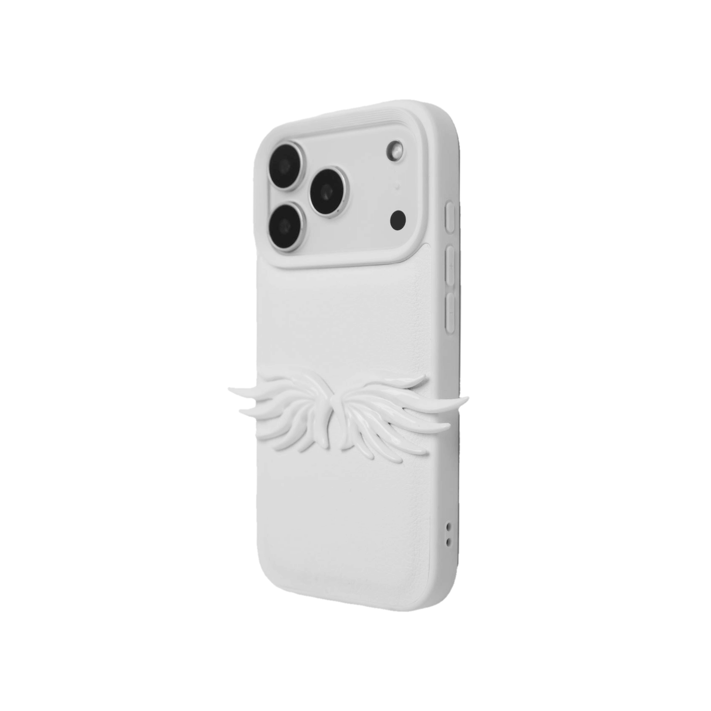 The Tiny Angel Wings iPhone Case featuring a pair of small, symmetrical 3D sculpted white wings on the lower portion of the case. Available in two base options: Crystal Clear (Transparent) and White Lychee Leather.