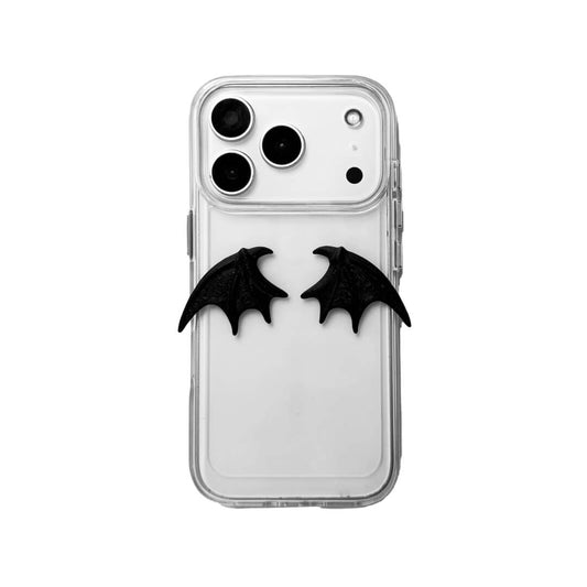 A minimalist iPhone case featuring a pair of miniature 3D-printed demon wings in a natural matte black finish. Available in two variations: a Clear Transparent base for a floating effect, and a Black Leather textured base for a rich, monochromatic Gothic aesthetic.