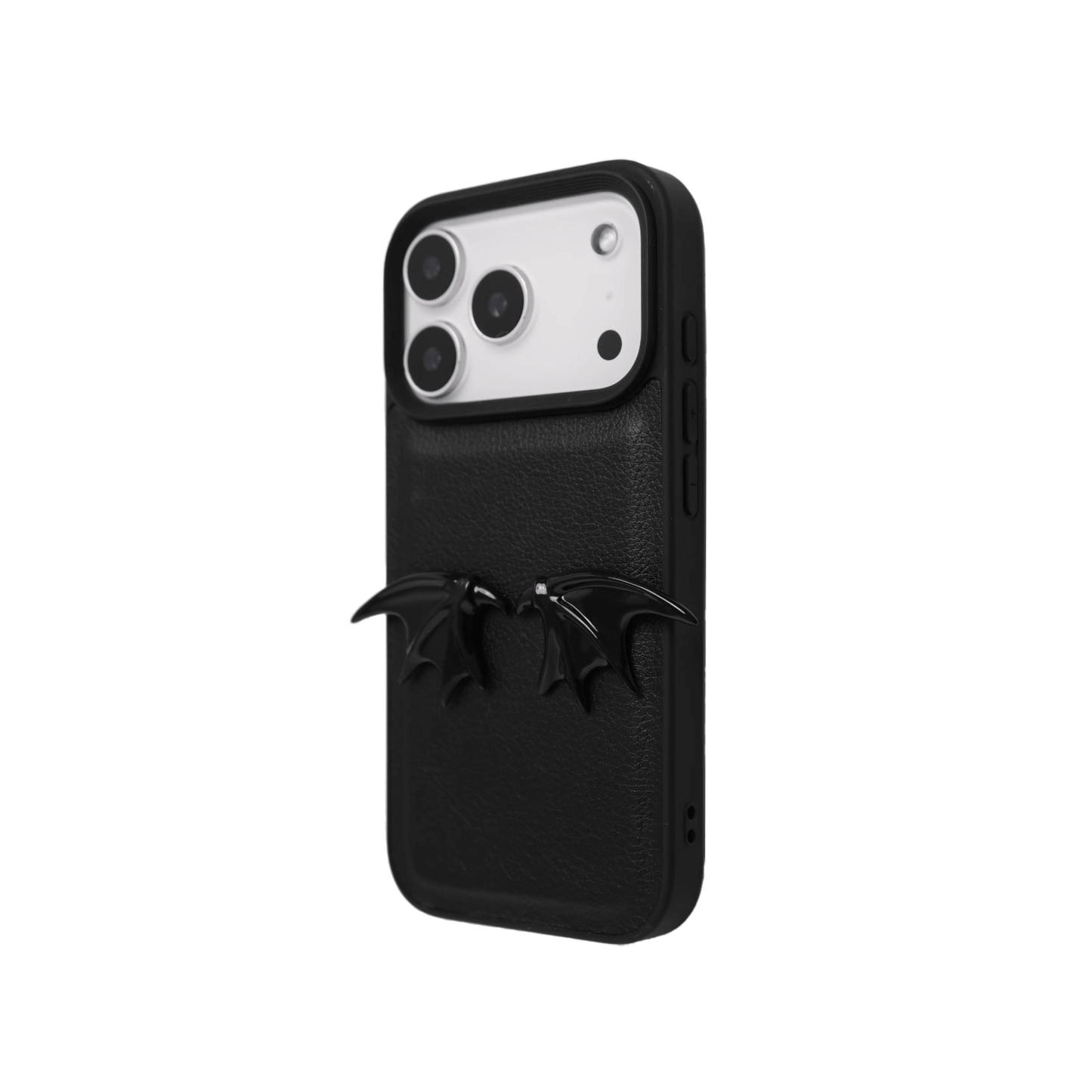 The Tiny Demon Wings iPhone Case featuring a pair of small, symmetrical 3D sculpted black bat-style wings on the lower portion of the case. Available in two base options: Crystal Clear (Transparent) and Black Lychee Leather.