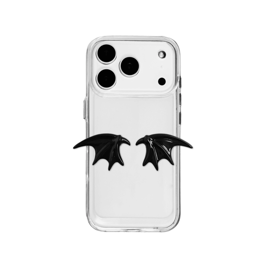 The Tiny Demon Wings iPhone Case featuring a pair of small, symmetrical 3D sculpted black bat-style wings on the lower portion of the case. Available in two base options: Crystal Clear (Transparent) and Black Lychee Leather.