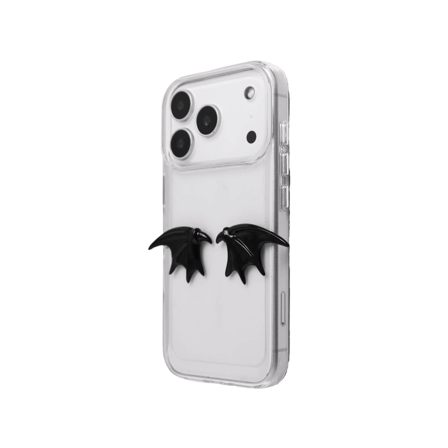 The Tiny Demon Wings iPhone Case featuring a pair of small, symmetrical 3D sculpted black bat-style wings on the lower portion of the case. Available in two base options: Crystal Clear (Transparent) and Black Lychee Leather.