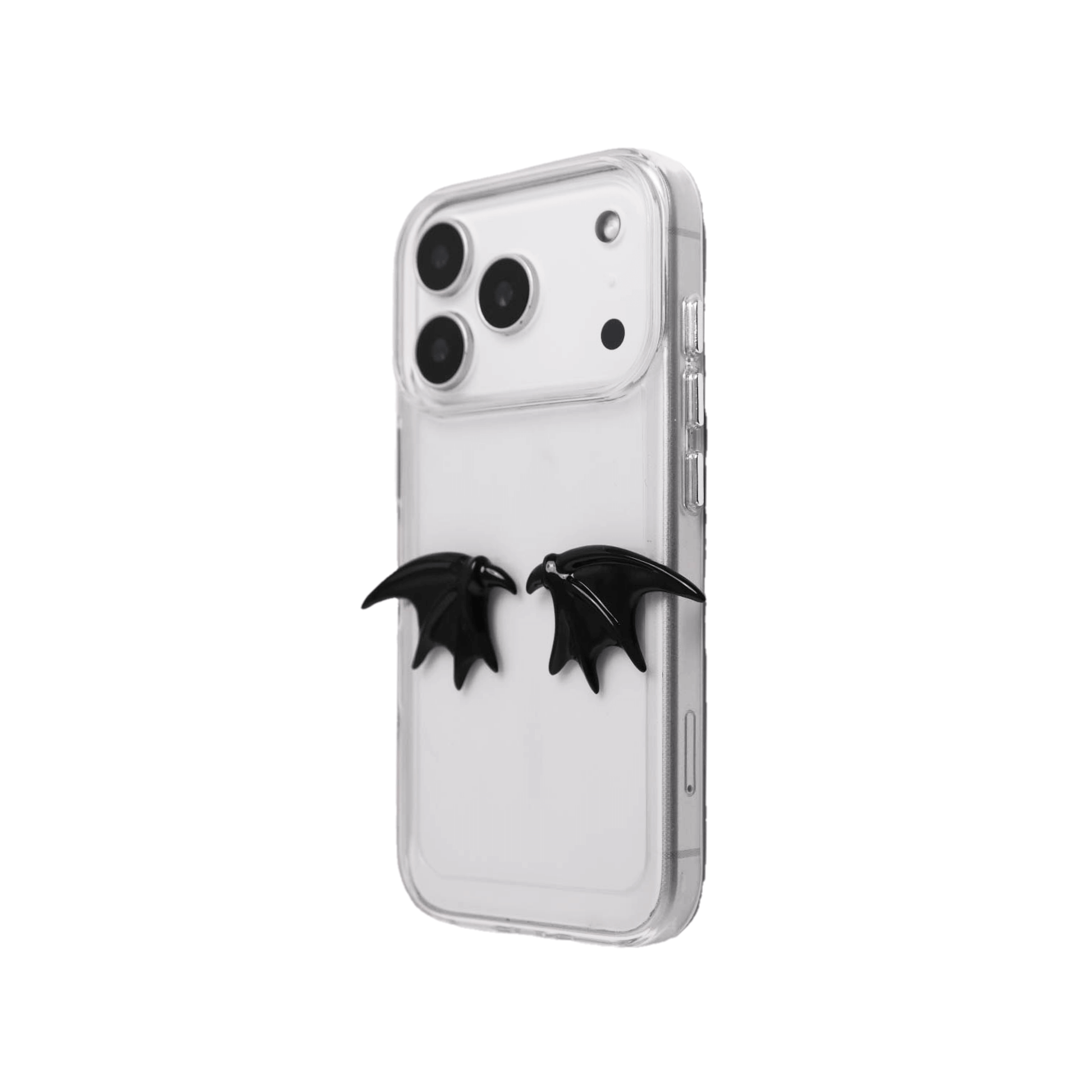 The Tiny Demon Wings iPhone Case featuring a pair of small, symmetrical 3D sculpted black bat-style wings on the lower portion of the case. Available in two base options: Crystal Clear (Transparent) and Black Lychee Leather.