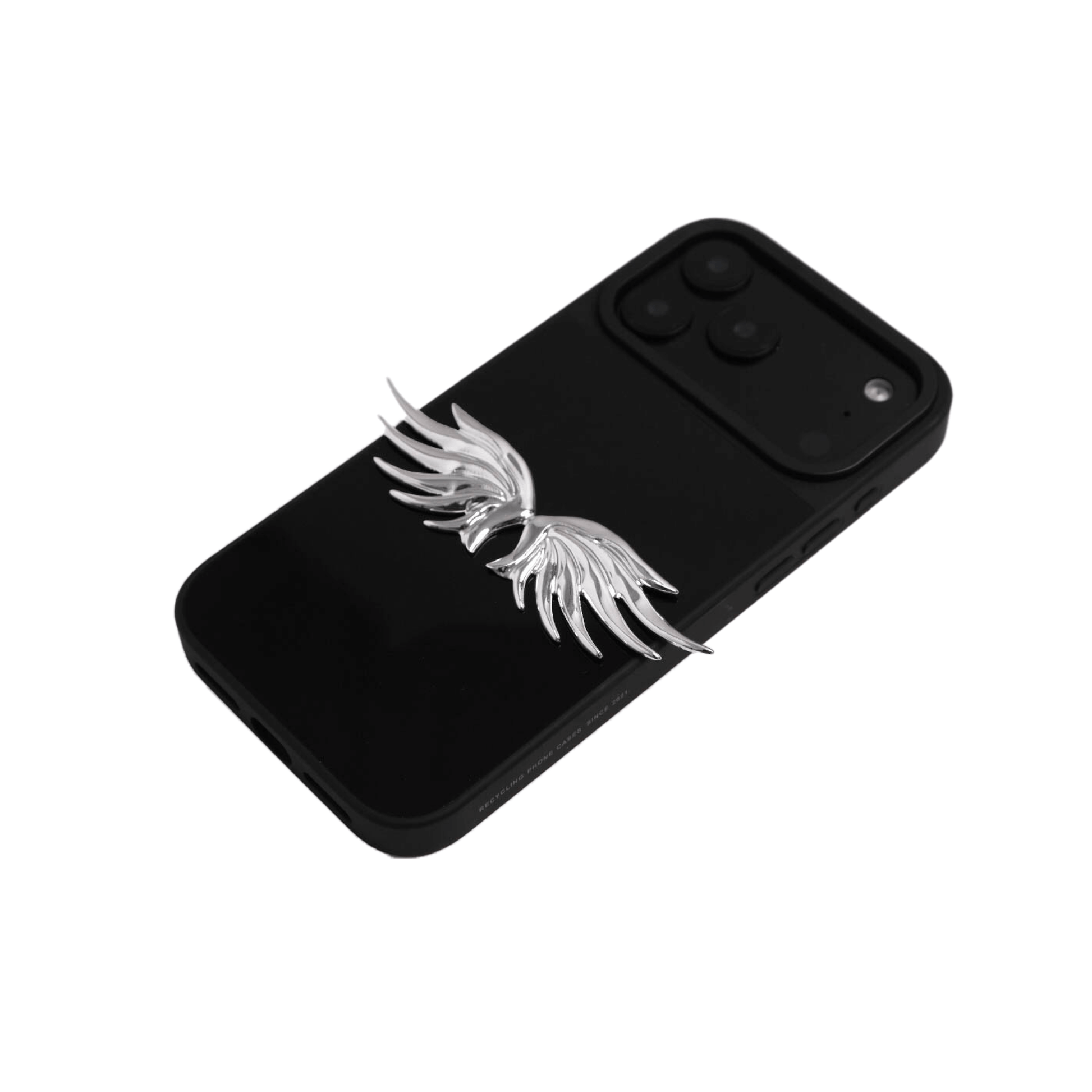The Tiny Silver Angel Wings iPhone Case featuring a pair of small, symmetrical 3D sculpted silver wings with a high-shine chrome finish. Available in three base variations: Silver, Transparent, and Black.